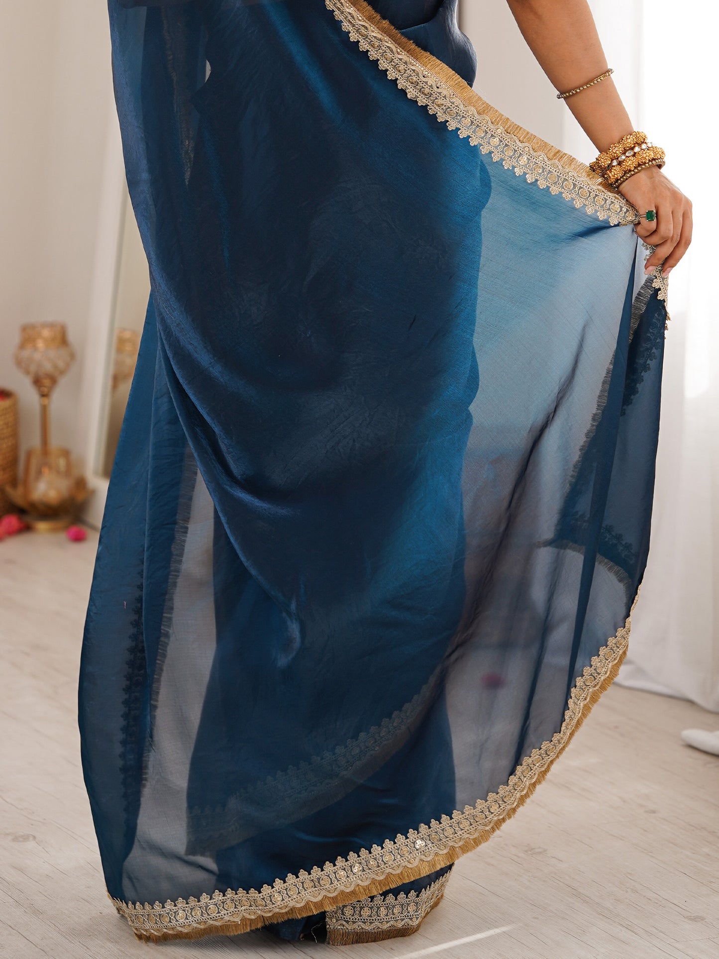 Women's Satin Navy Blue Embellished Designer Saree With Blouse Piece