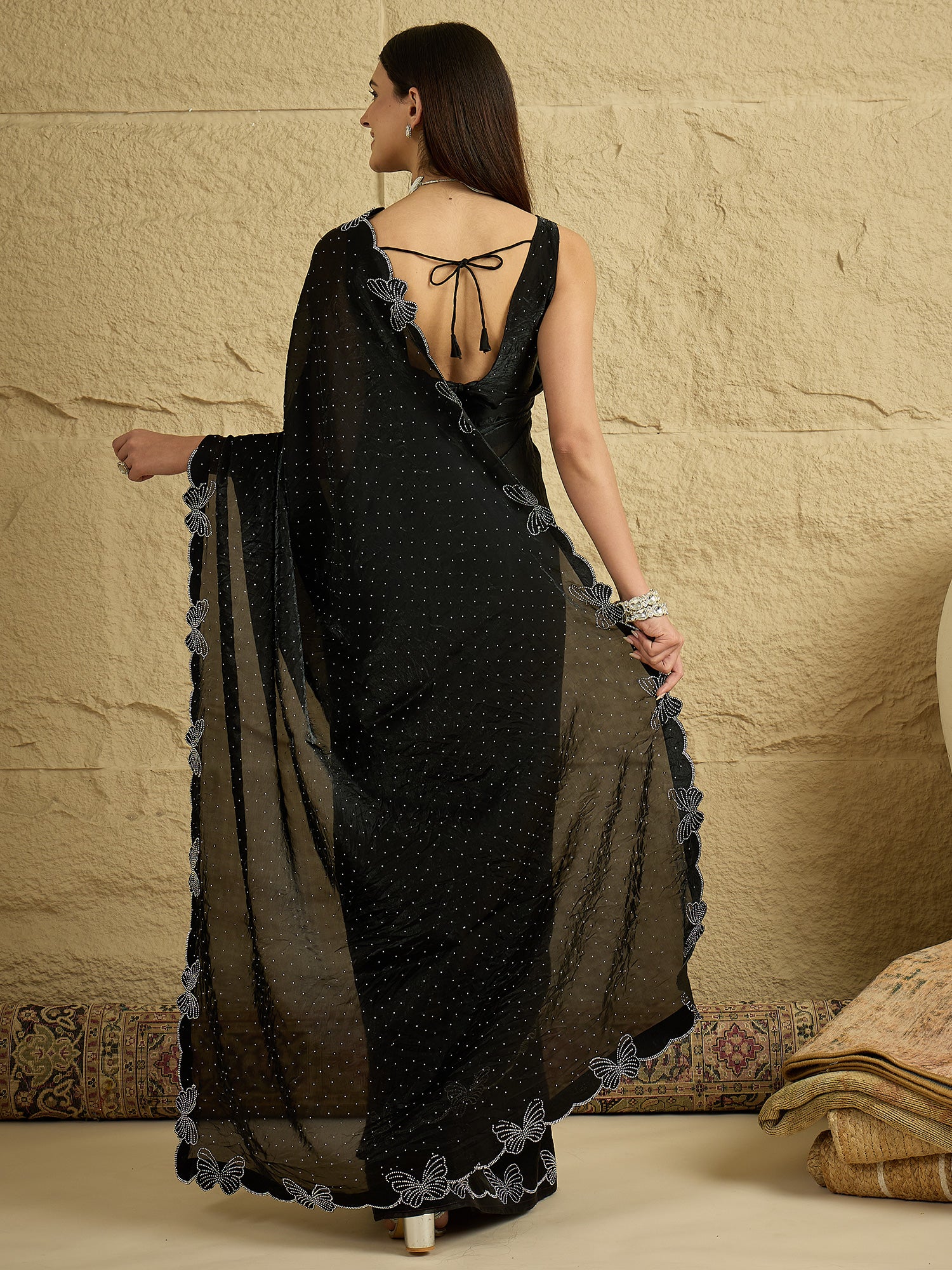 Women's Satin Black Embellished Designer Saree With Blouse Piece