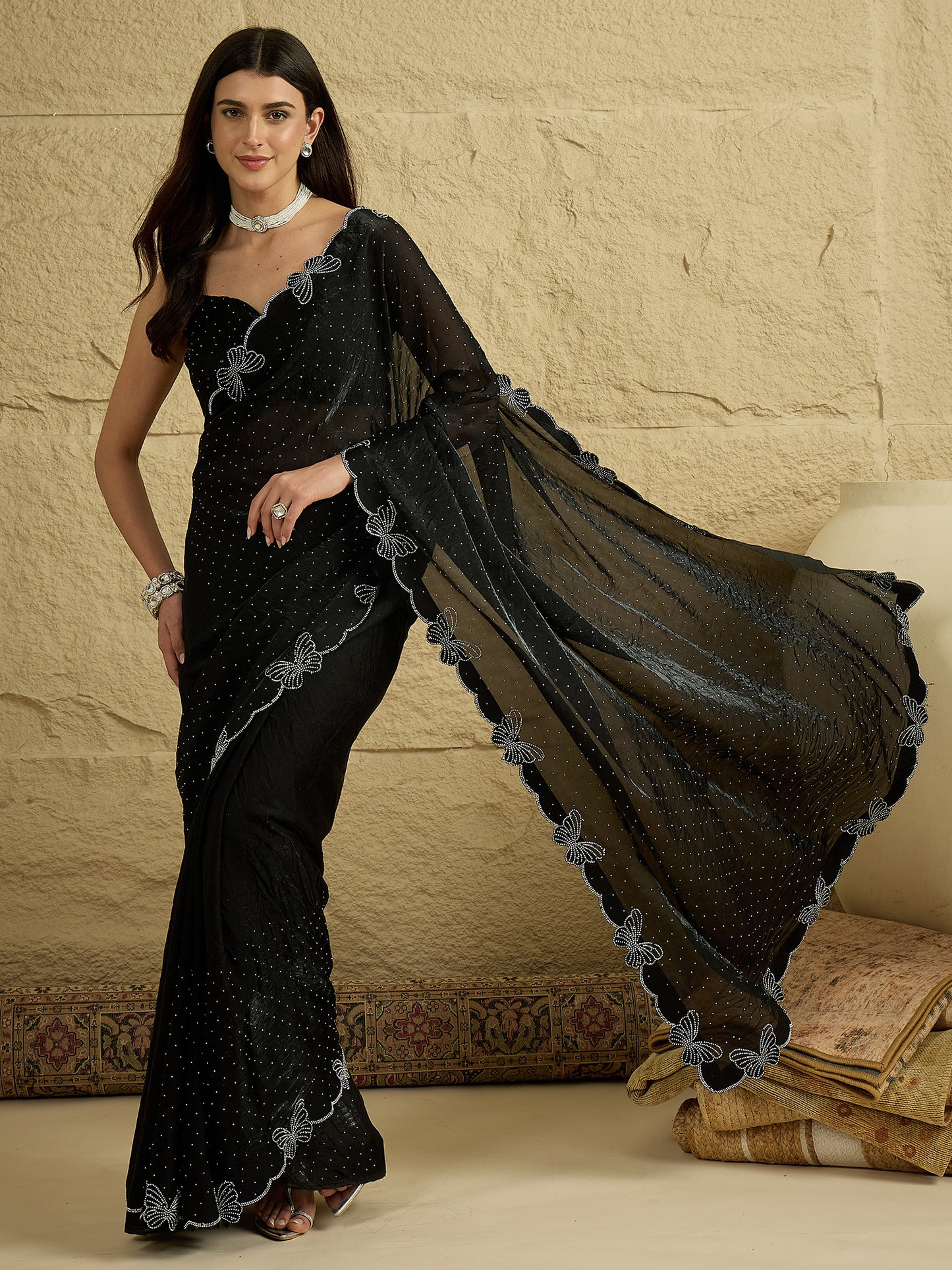 Women's Satin Black Embellished Designer Saree With Blouse Piece
