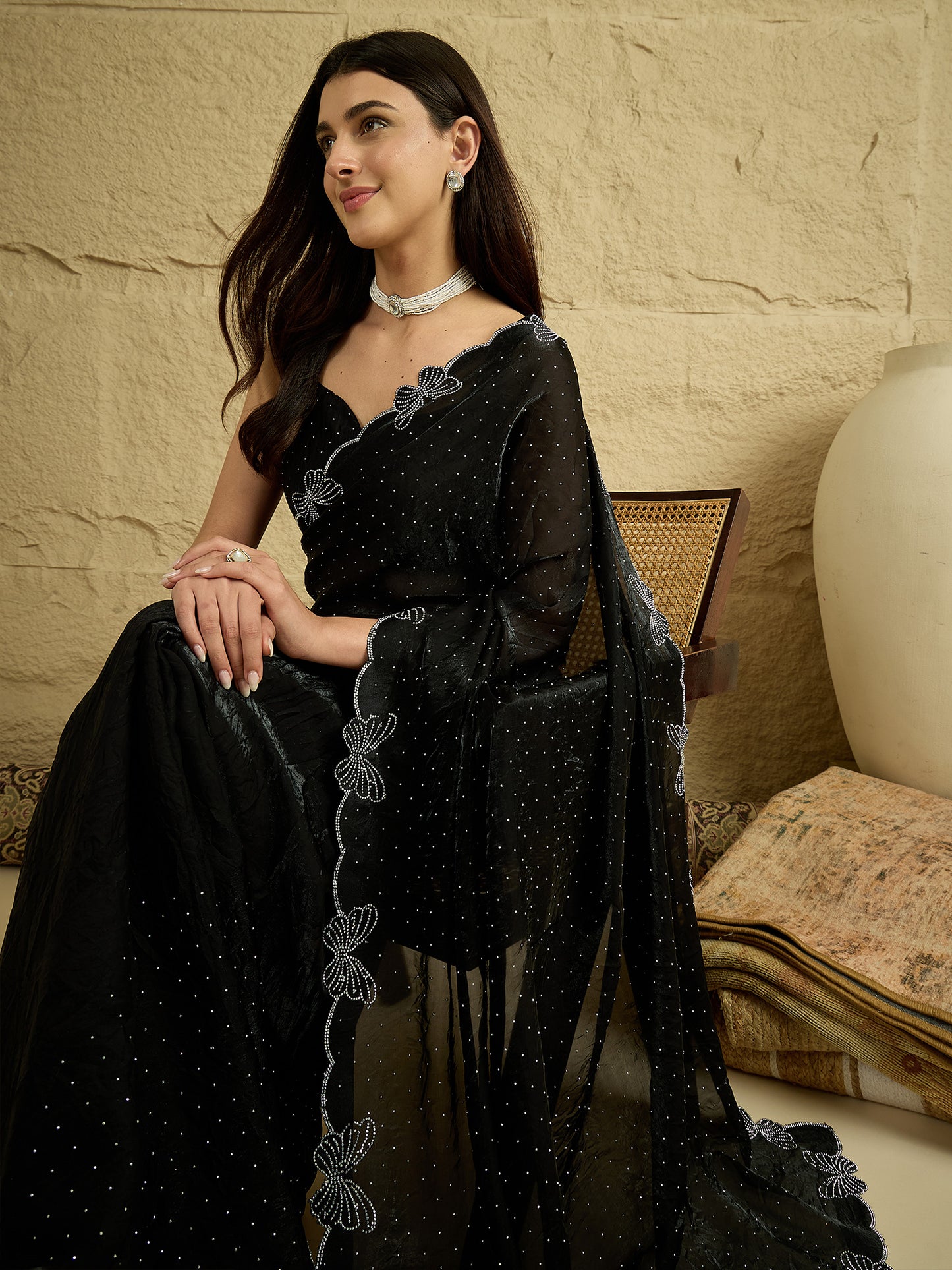 Women's Satin Black Embellished Designer Saree With Blouse Piece
