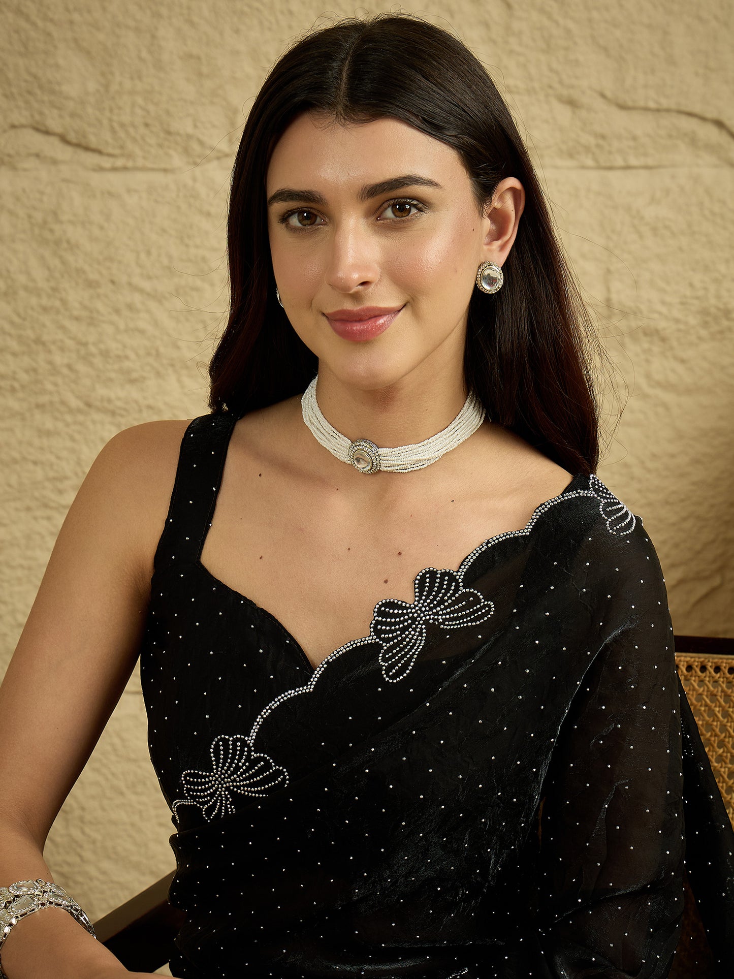 Women's Satin Black Embellished Designer Saree With Blouse Piece