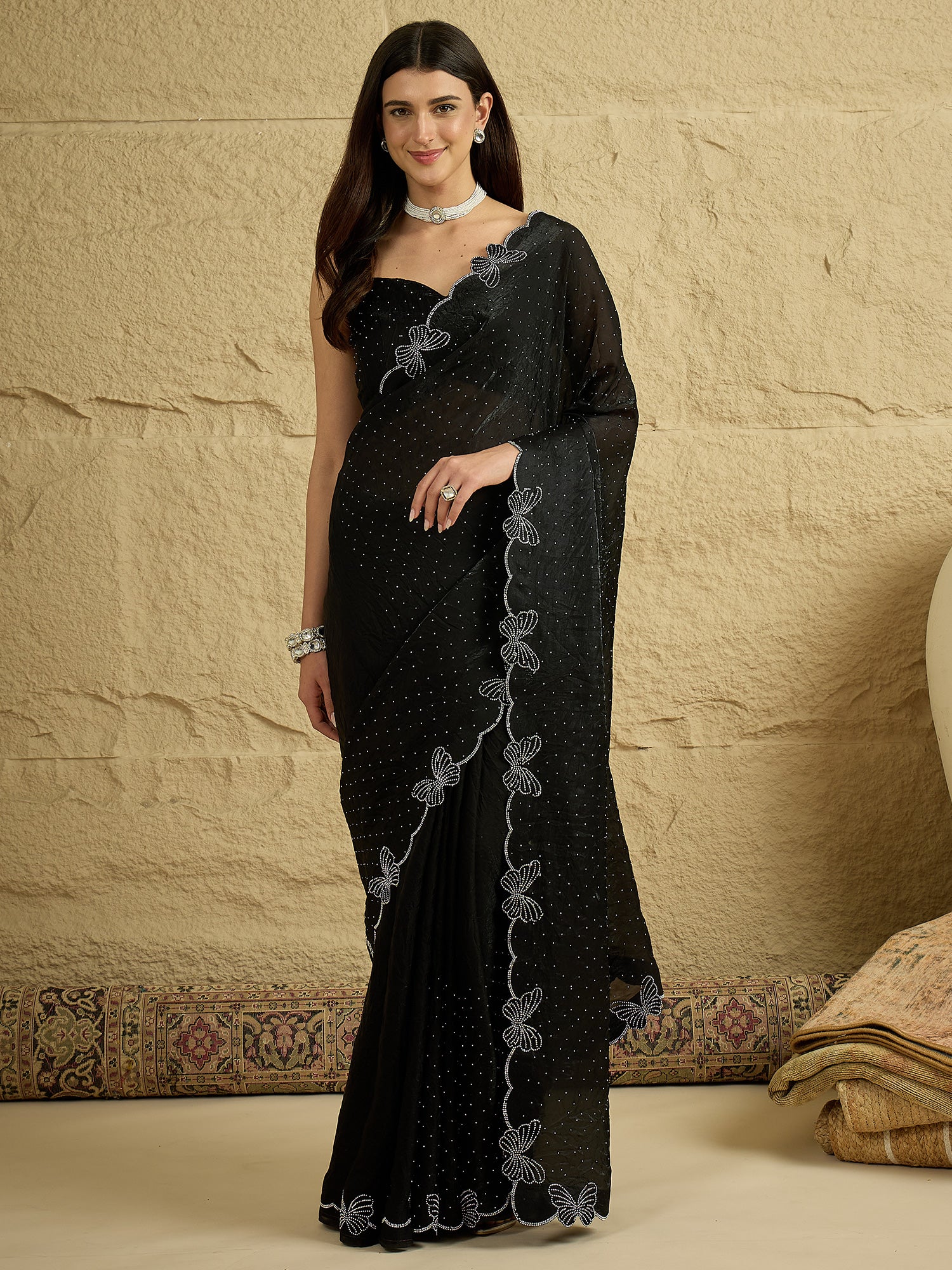Women's Satin Black Embellished Designer Saree With Blouse Piece