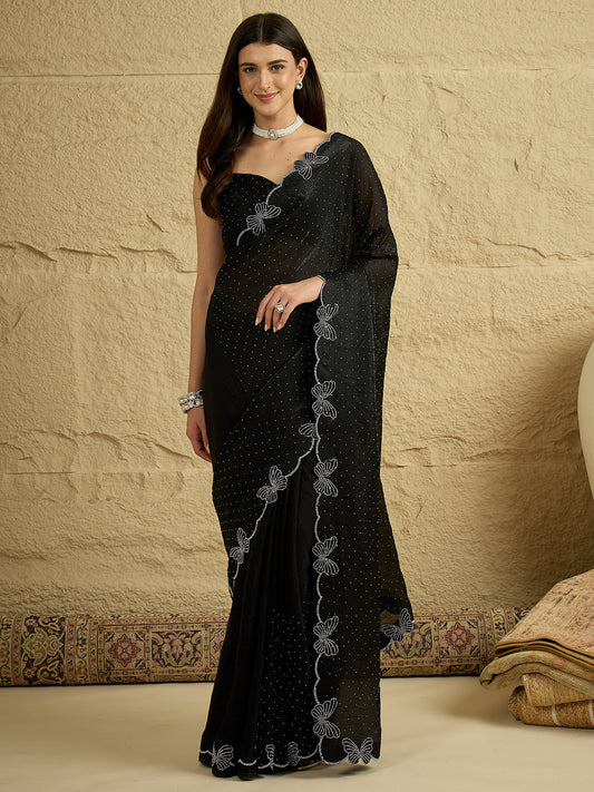 Women's Satin Black Embellished Designer Saree With Blouse Piece