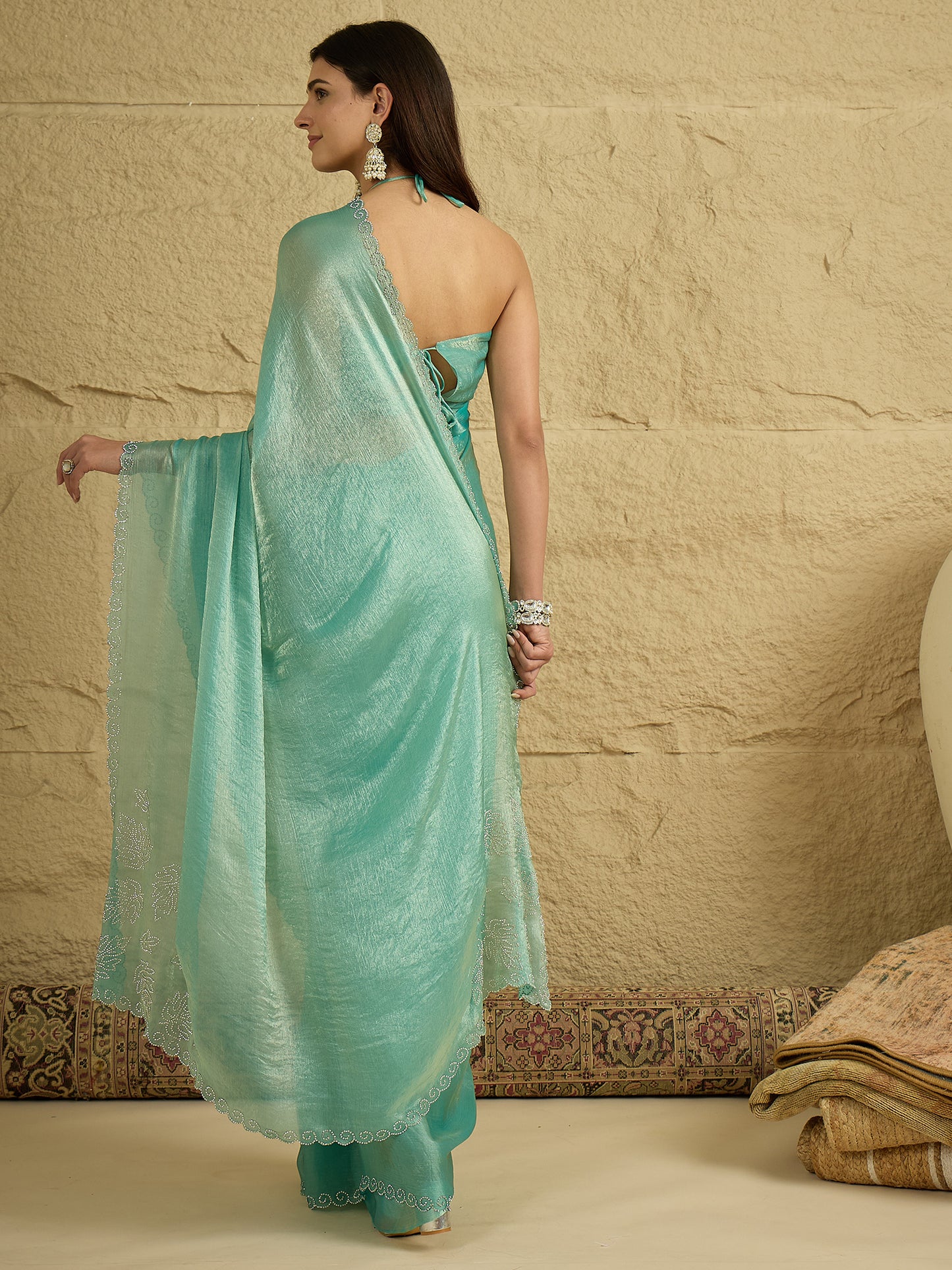 Women's Chiffon Sea Green Embellished Designer Saree With Blouse Piece
