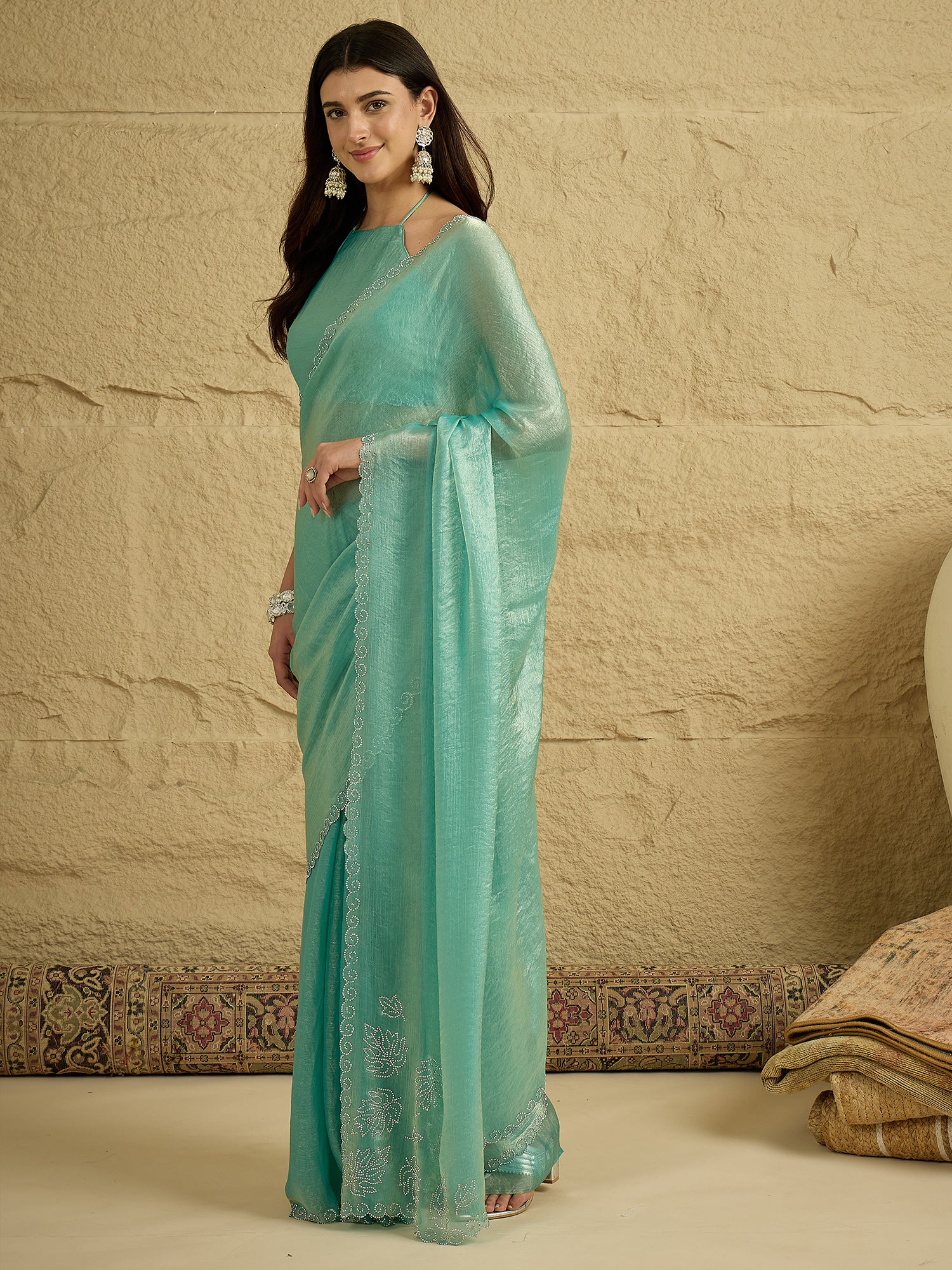 Women's Chiffon Sea Green Embellished Designer Saree With Blouse Piece