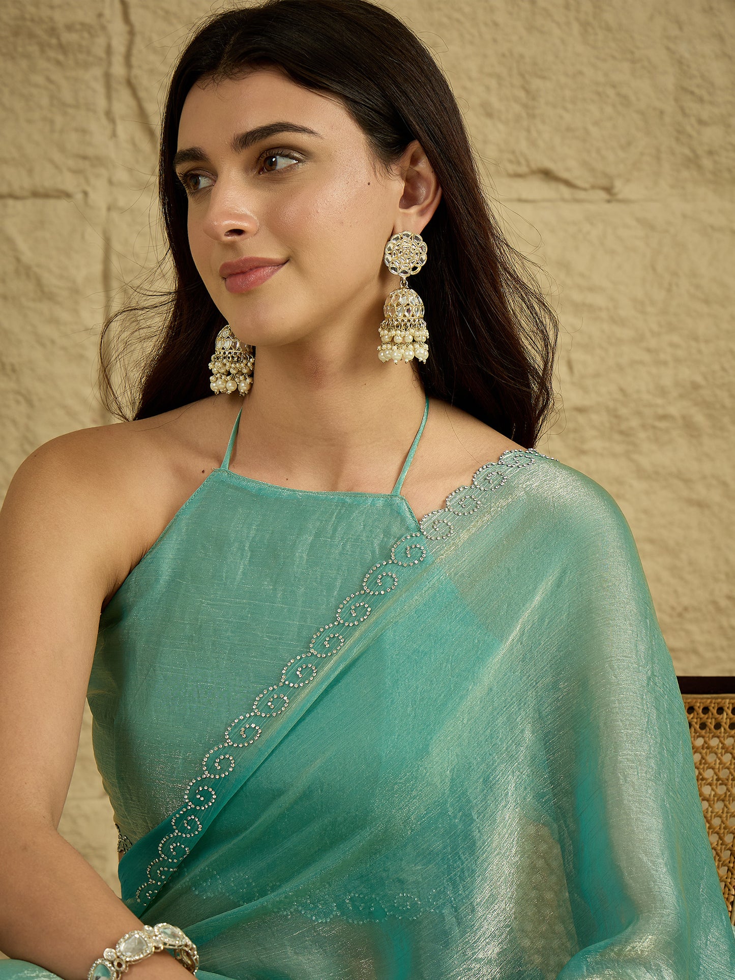Women's Chiffon Sea Green Embellished Designer Saree With Blouse Piece