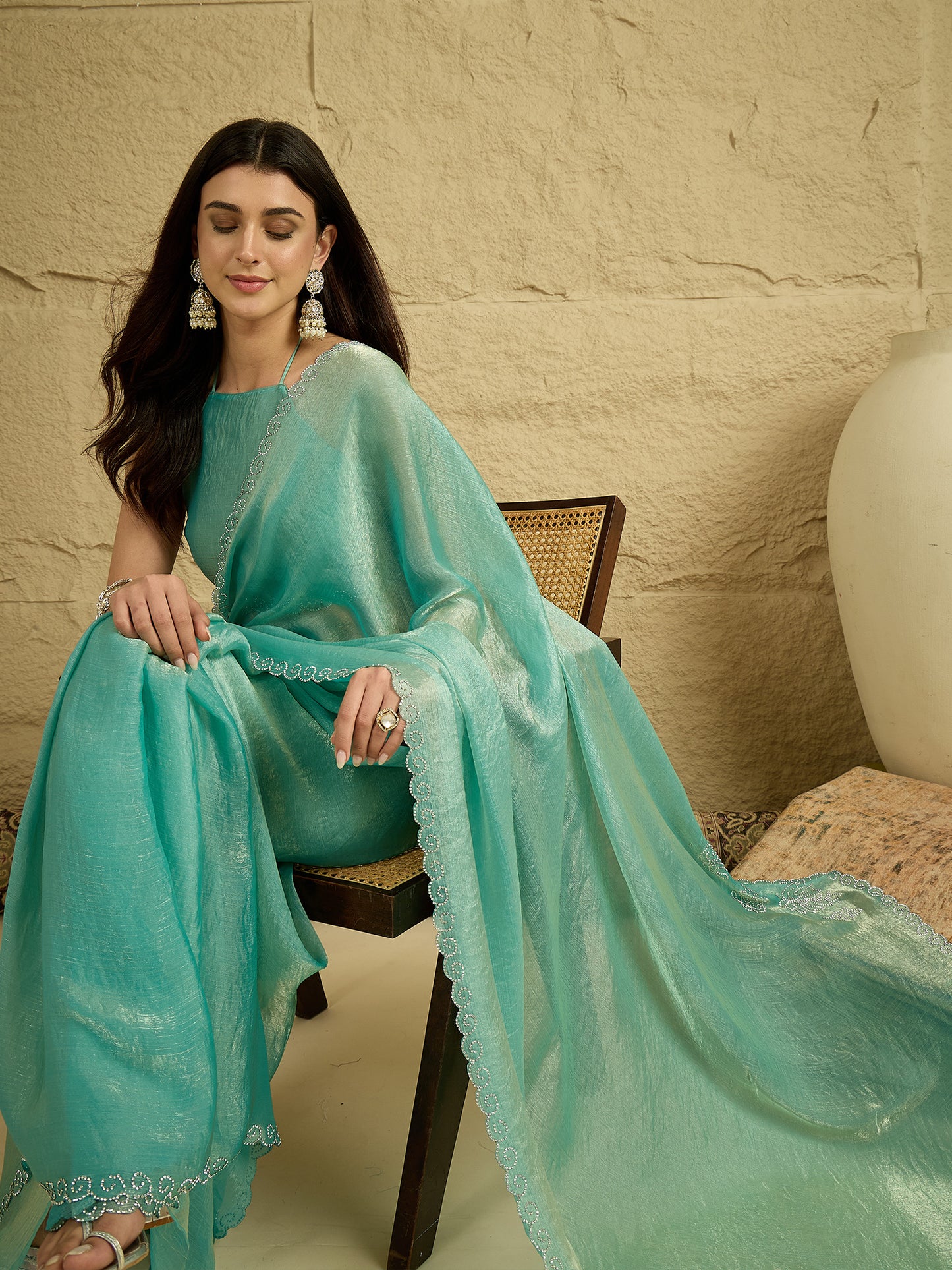 Women's Chiffon Sea Green Embellished Designer Saree With Blouse Piece