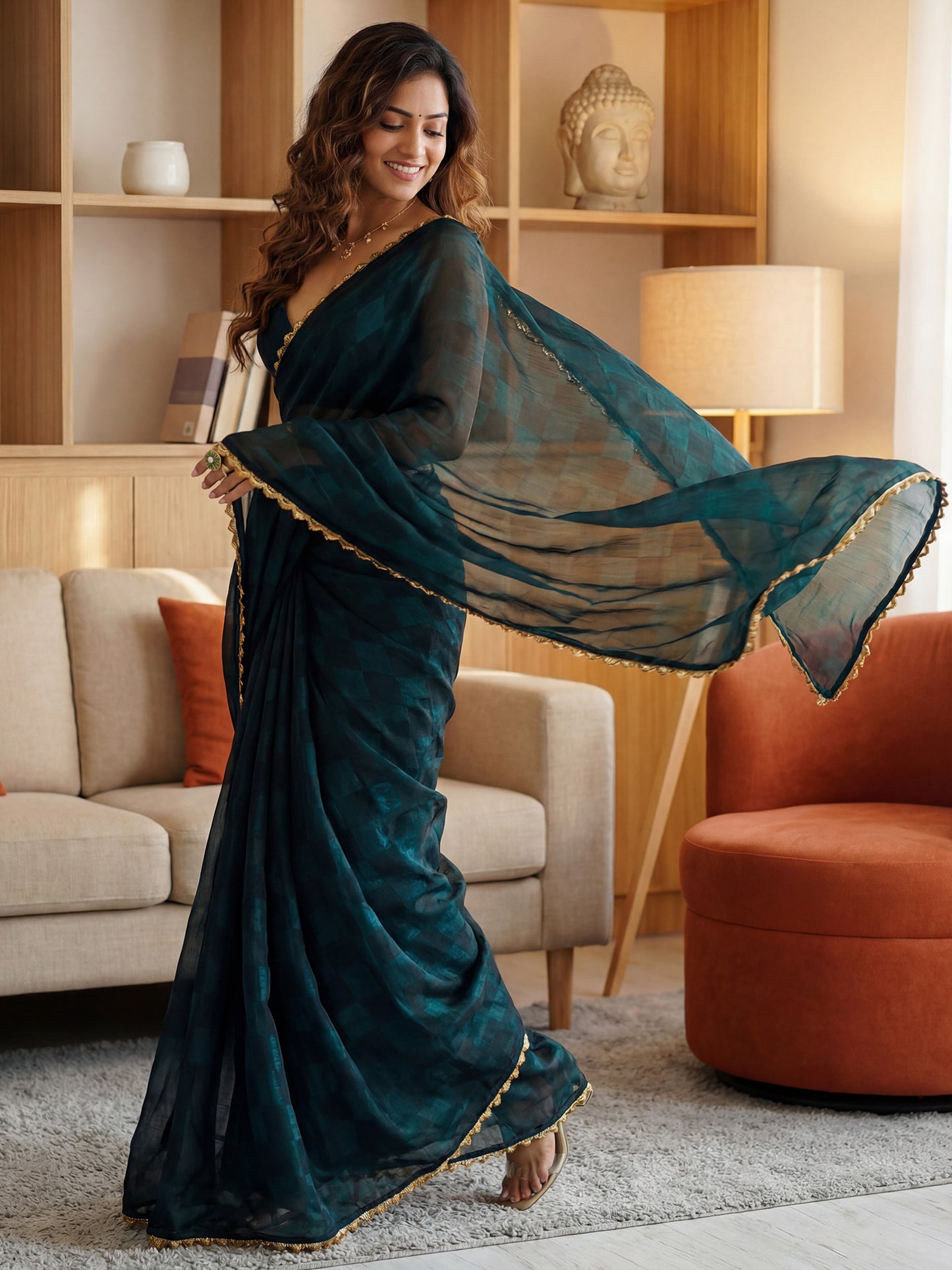 Women's Satin Teal green Embellished Designer Saree With Blouse Piece