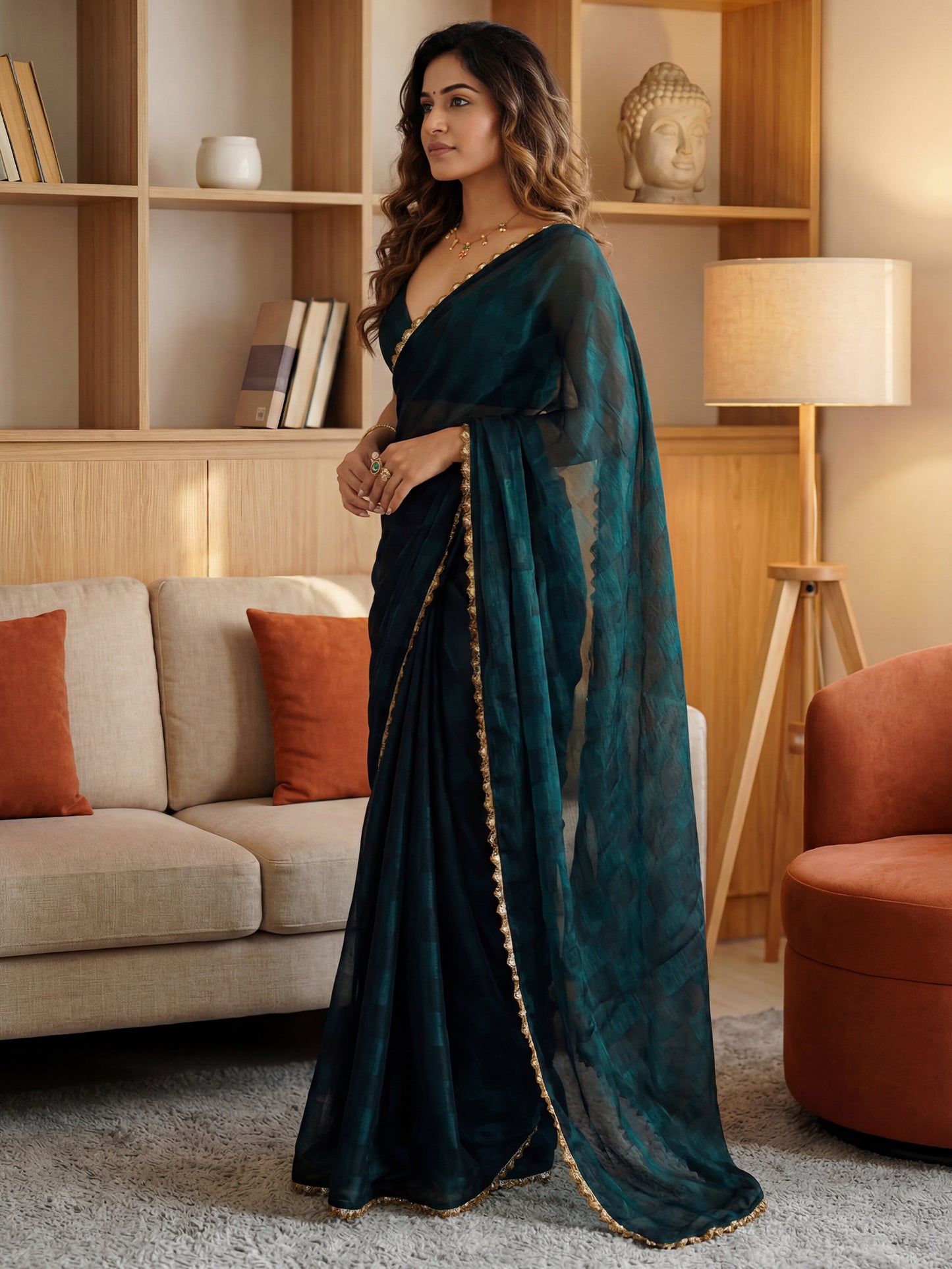 Women's Satin Teal green Embellished Designer Saree With Blouse Piece