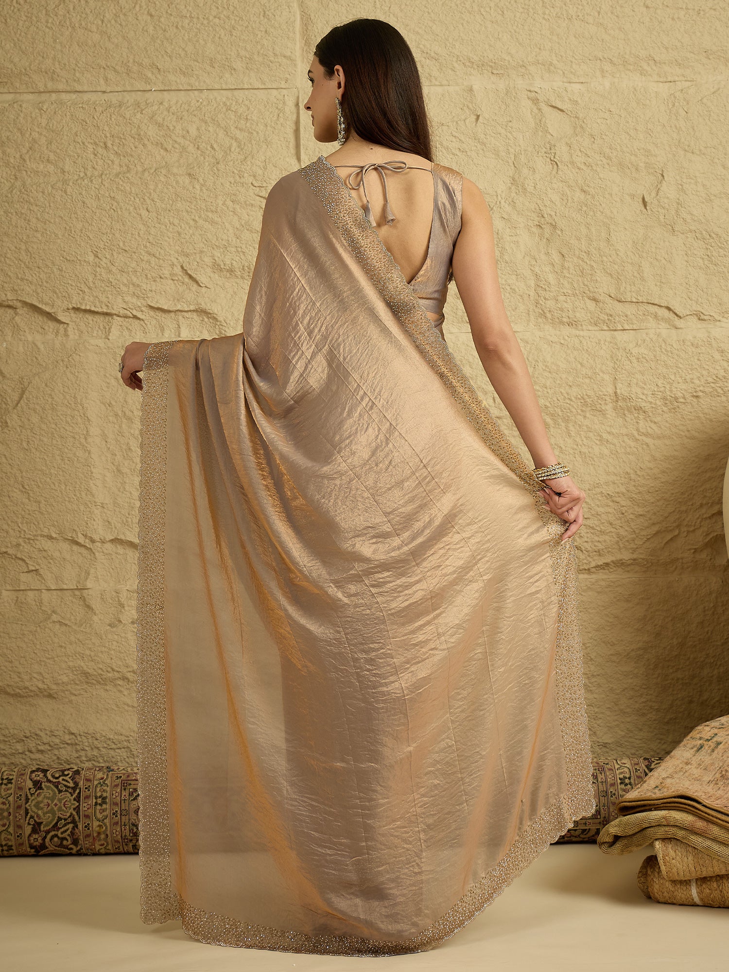 Women's Satin Metallic Embellished Designer Saree With Blouse Piece
