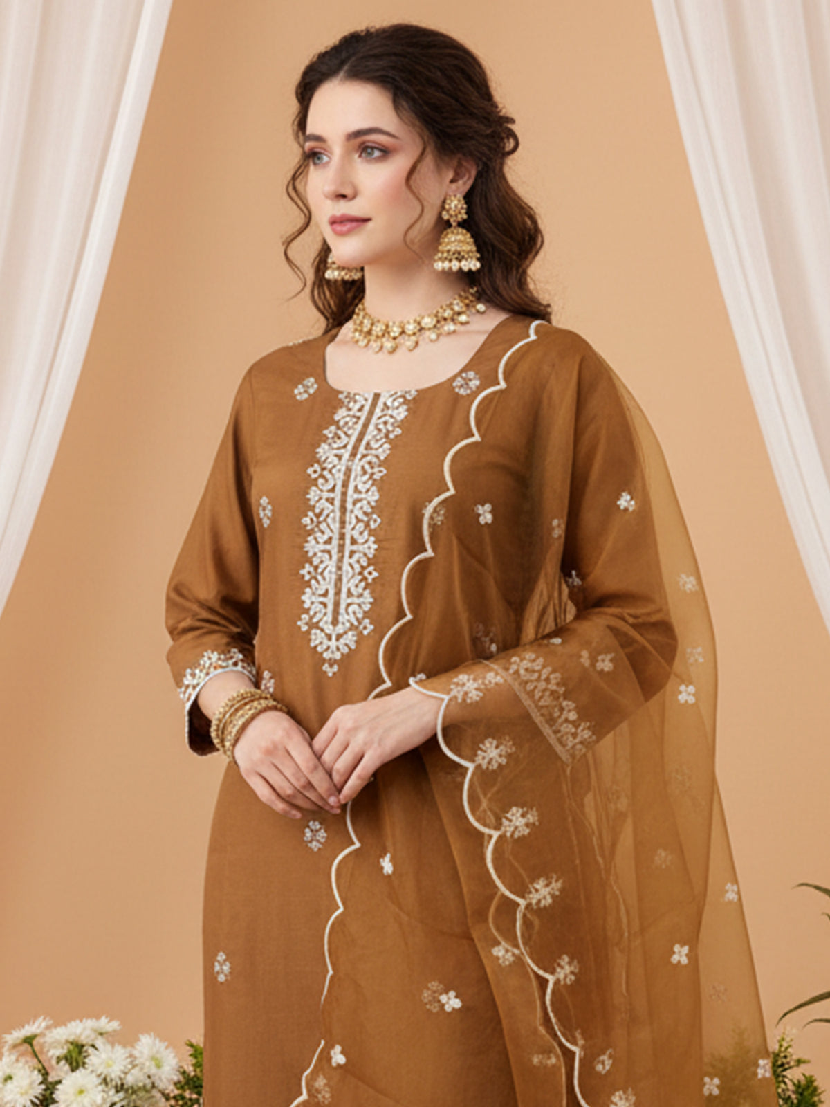 Brown Embroidered Straight Kurta Trousers With Dupatta Set-DD9KH485