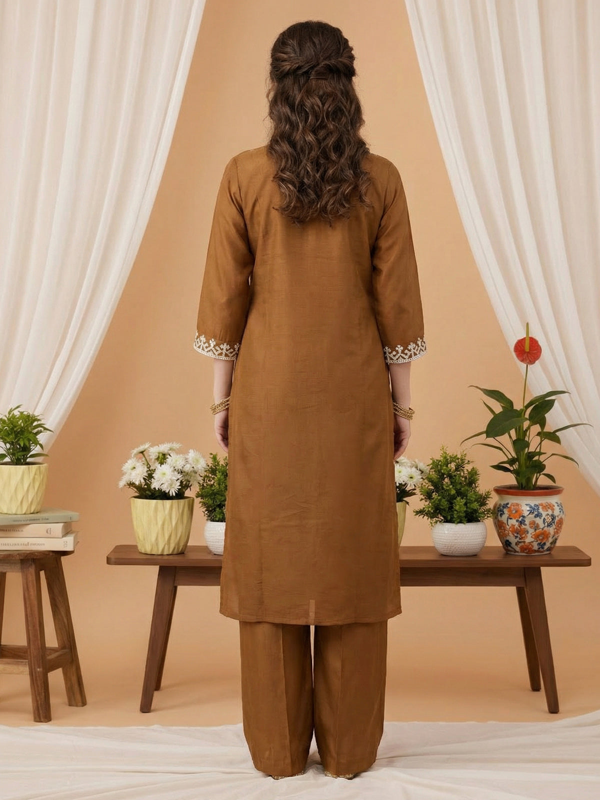 Brown Embroidered Straight Kurta Trousers With Dupatta Set-DD9KH485
