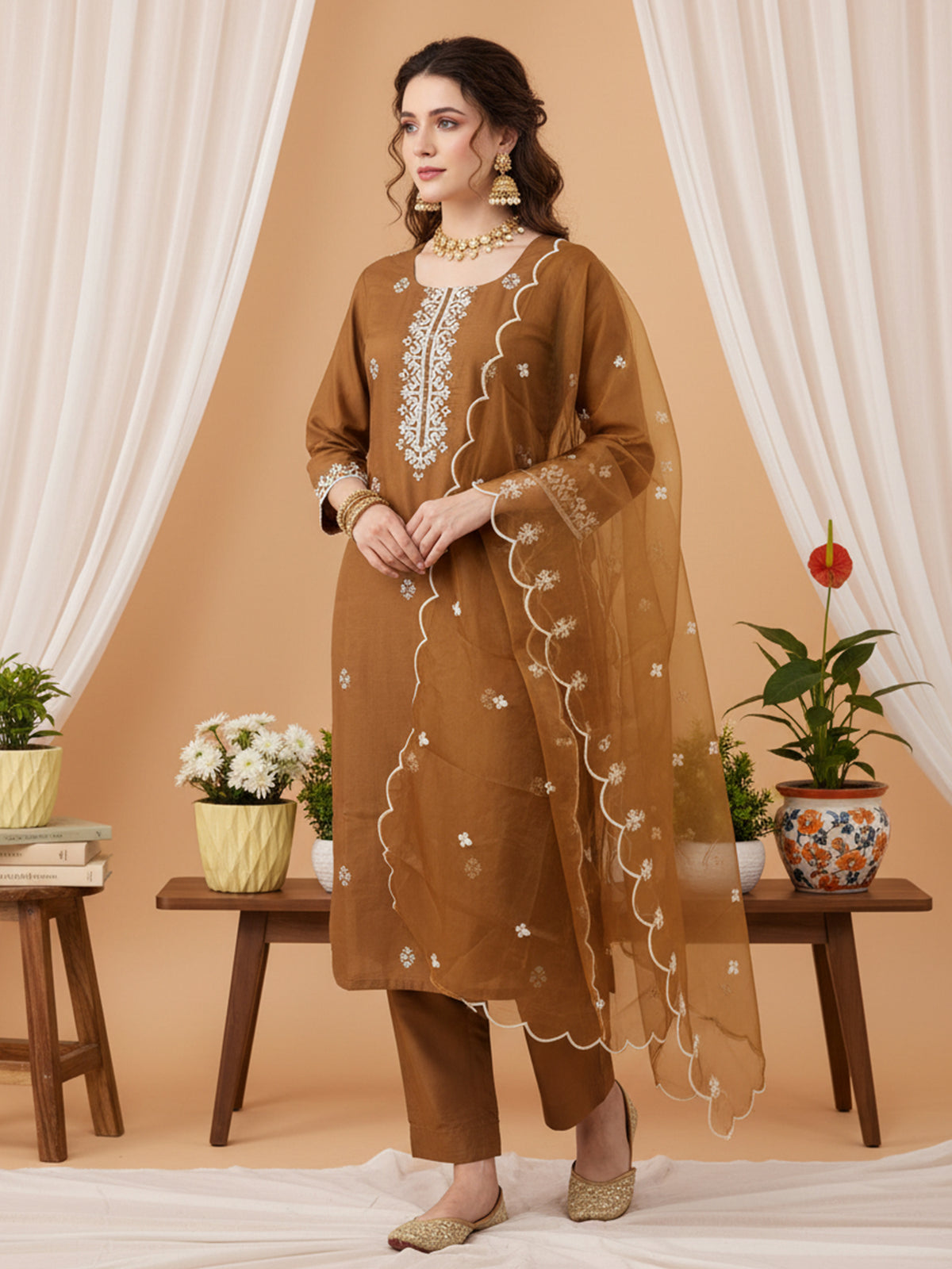 Brown Embroidered Straight Kurta Trousers With Dupatta Set-DD9KH485