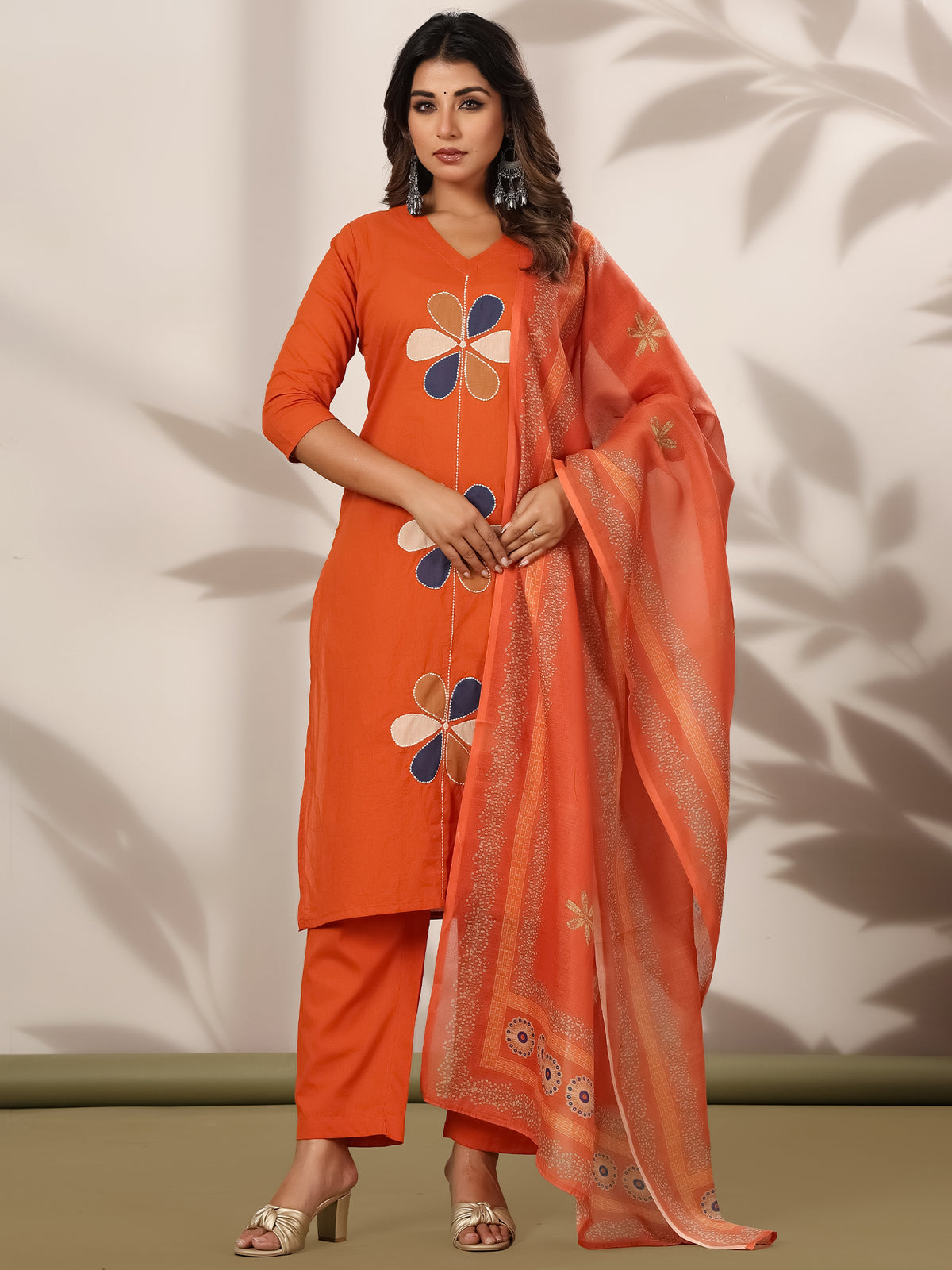 Orange Embroidered Straight Kurta Trousers With Dupatta Set-KH0OR13380