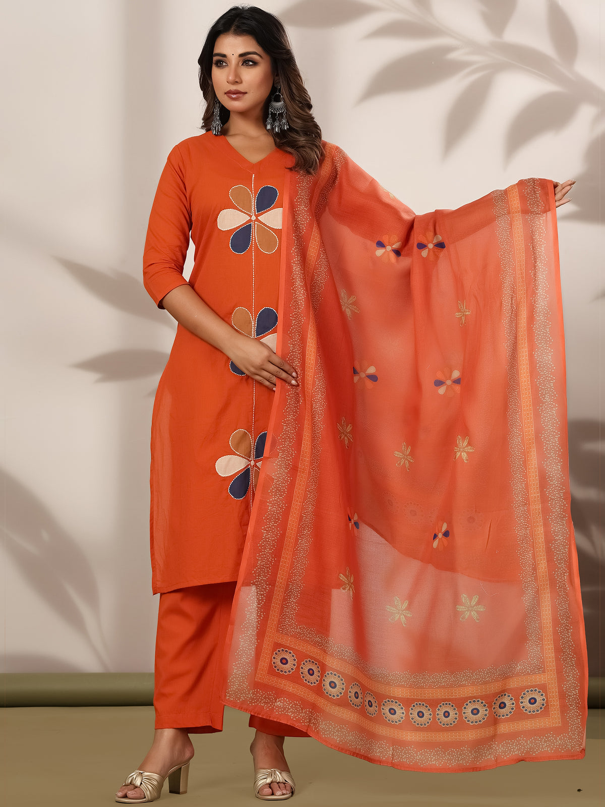 Orange Embroidered Straight Kurta Trousers With Dupatta Set-KH0OR13380