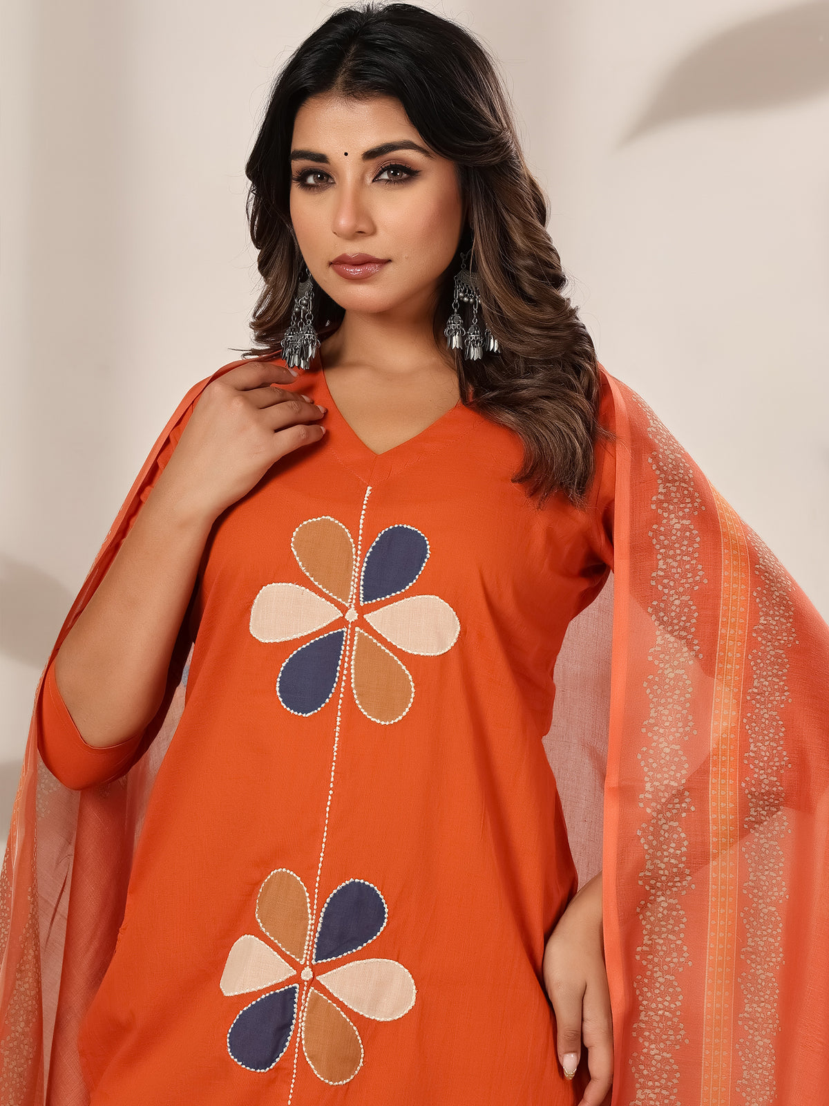 Orange Embroidered Straight Kurta Trousers With Dupatta Set-KH0OR13380