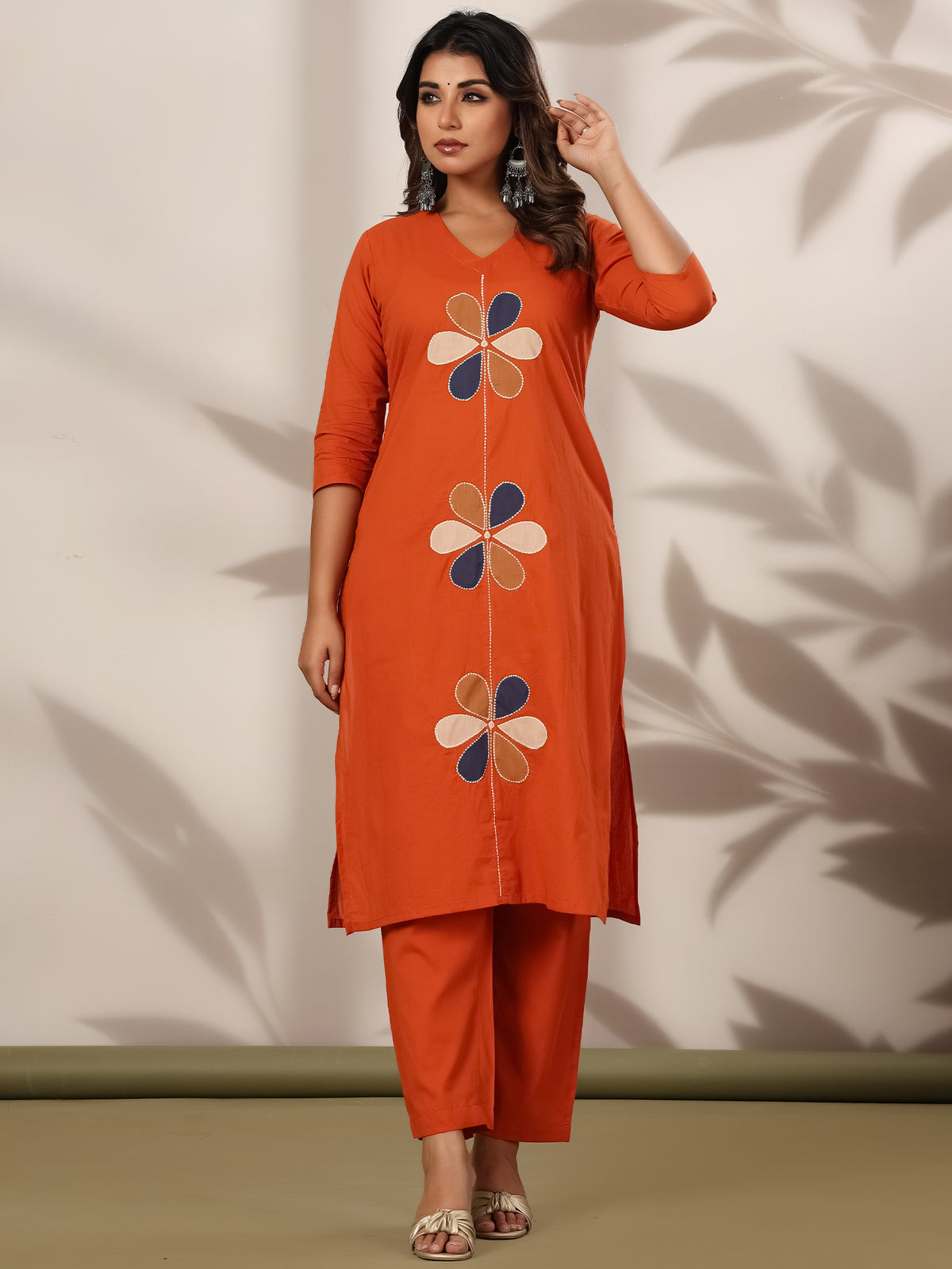 Orange Embroidered Straight Kurta Trousers With Dupatta Set-KH0OR13380