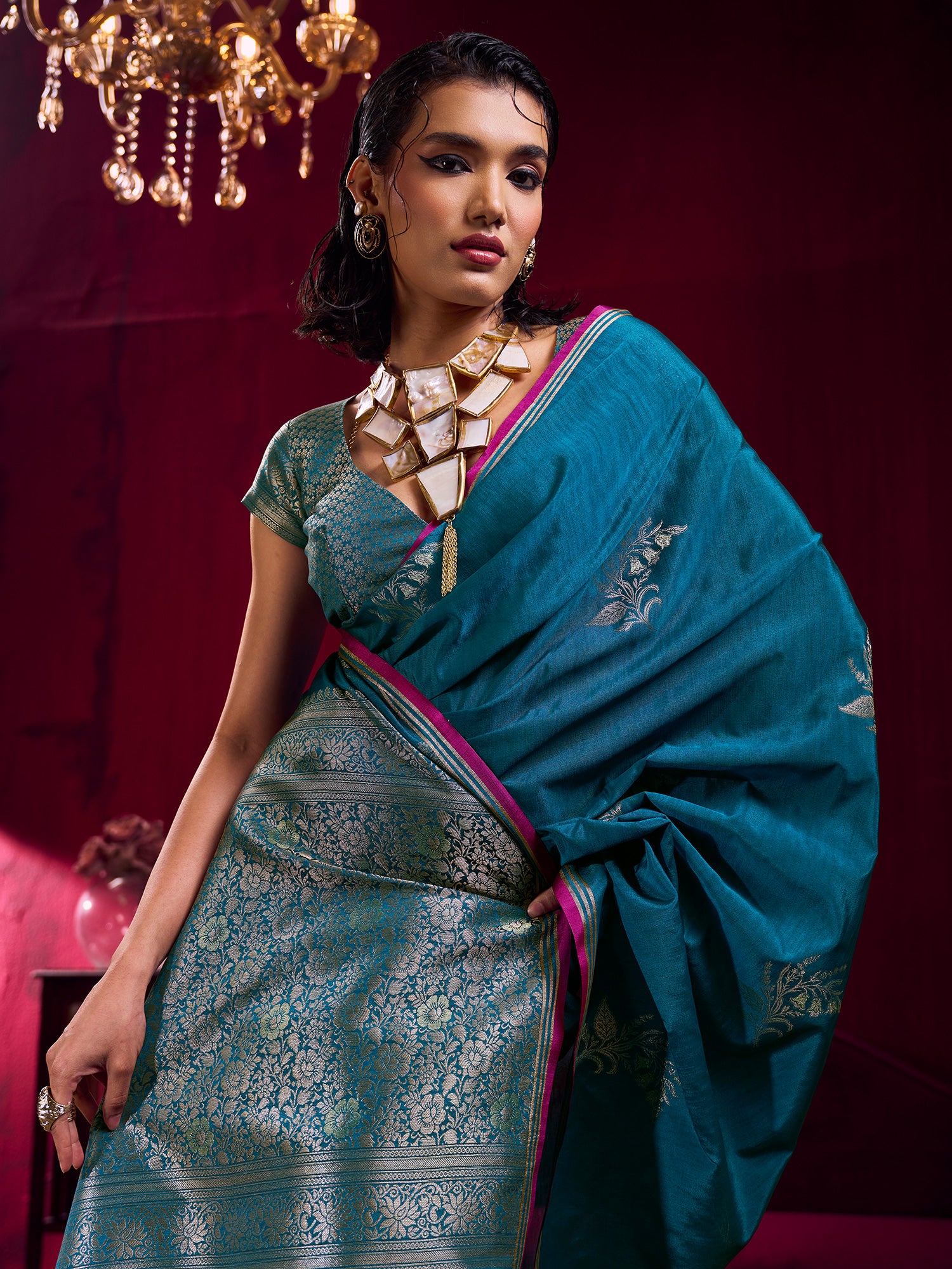 Women's Linen Teal blue Woven Design Designer Saree With Blouse Piece