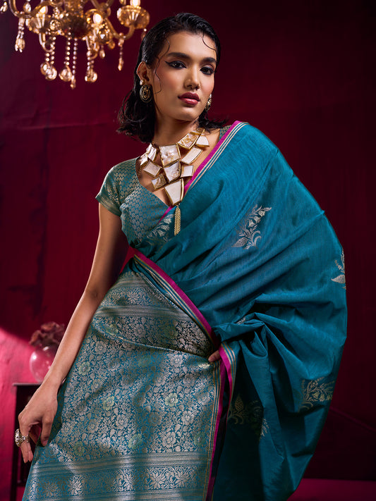 Women's Linen Teal blue Woven Design Designer Saree With Blouse Piece