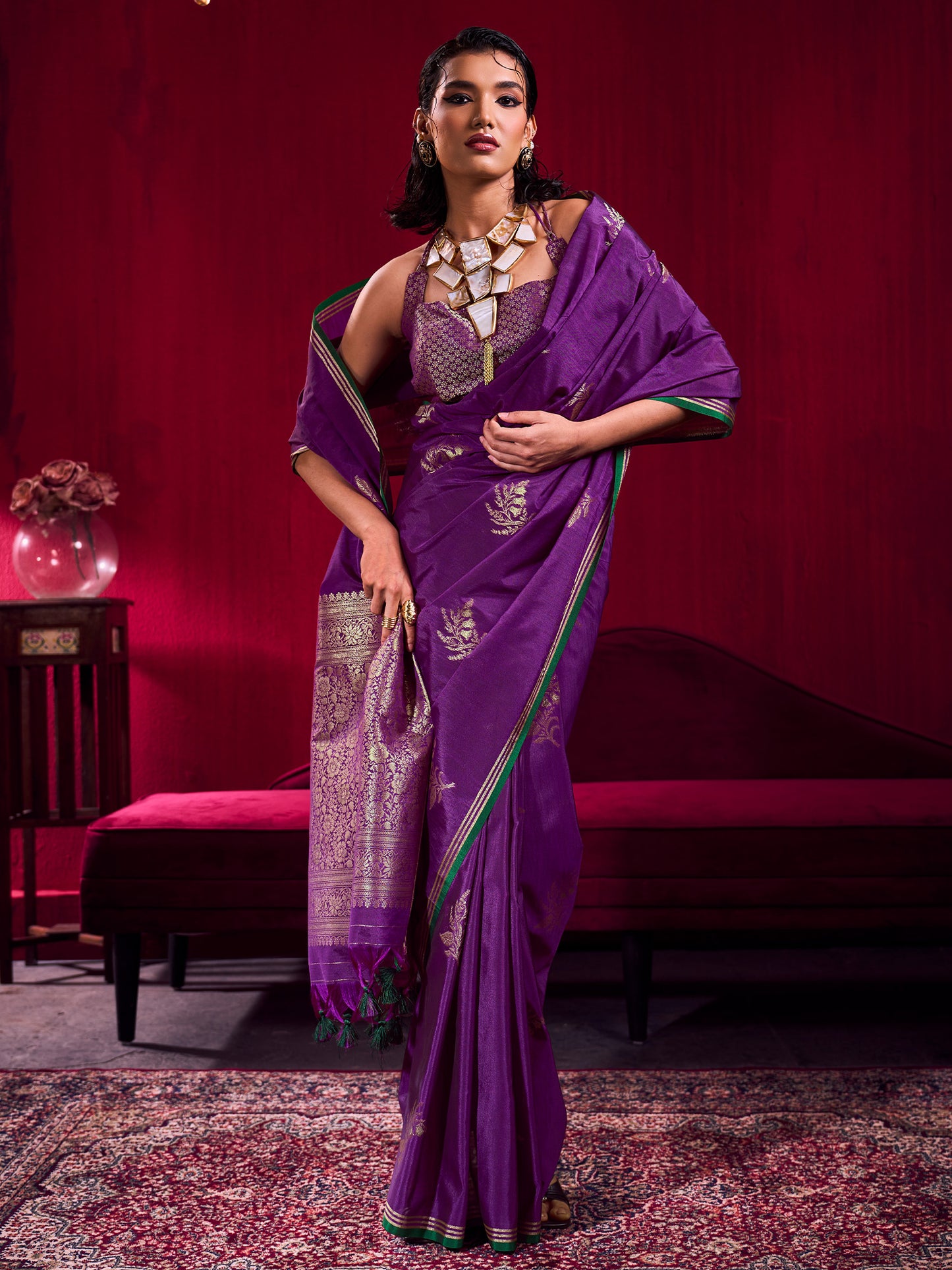 Women's Linen Purple Woven Design Designer Saree With Blouse Piece