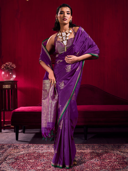 Women's Linen Purple Woven Design Designer Saree With Blouse Piece