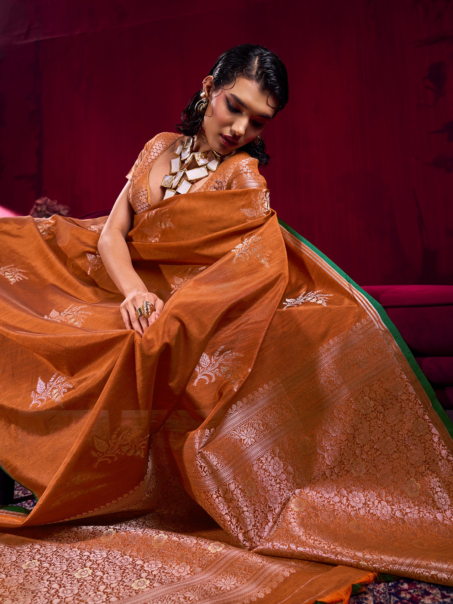 Women's Linen Mustard Woven Design Designer Saree With Blouse Piece