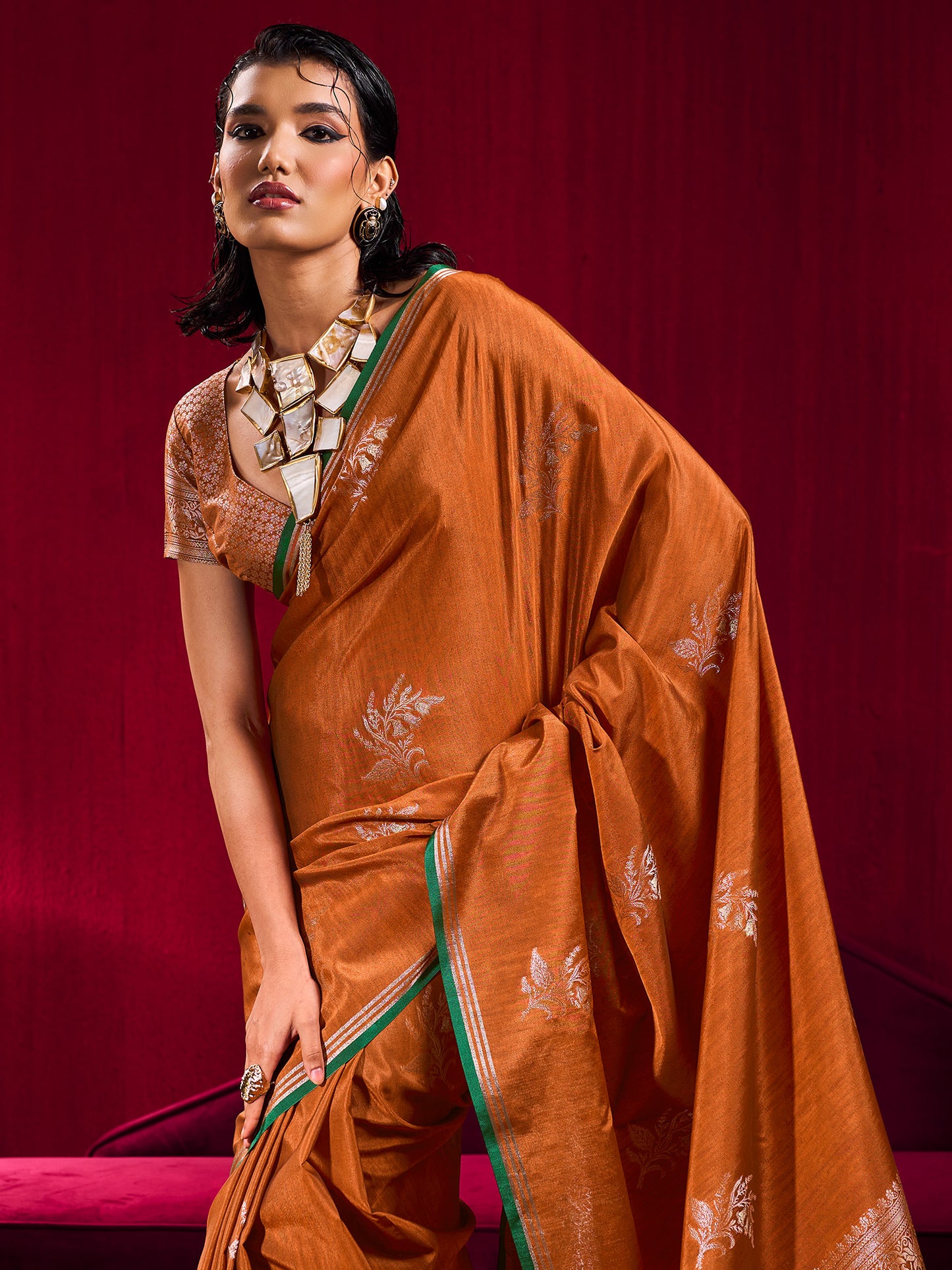 Women's Linen Mustard Woven Design Designer Saree With Blouse Piece