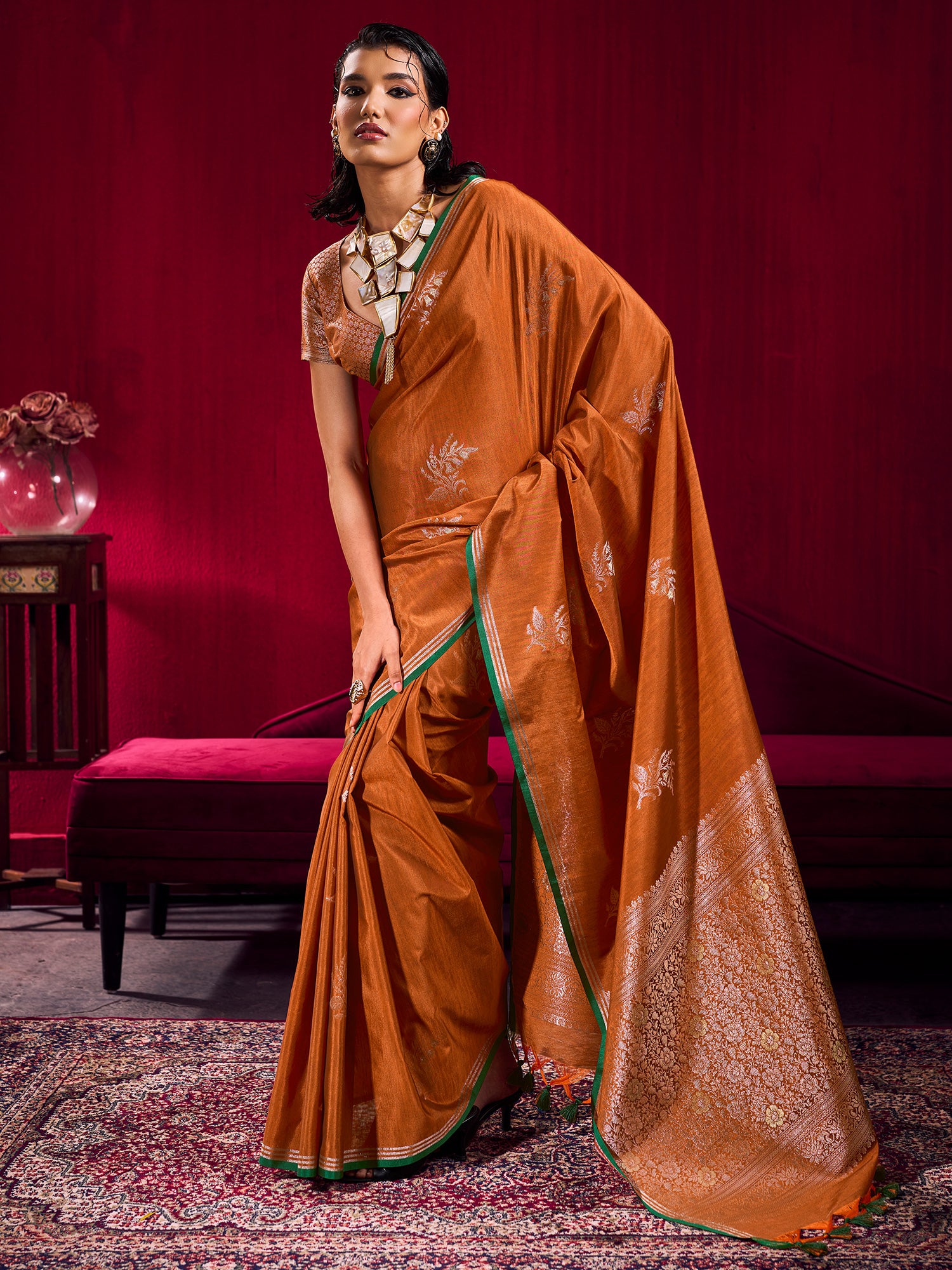 Women's Linen Mustard Woven Design Designer Saree With Blouse Piece