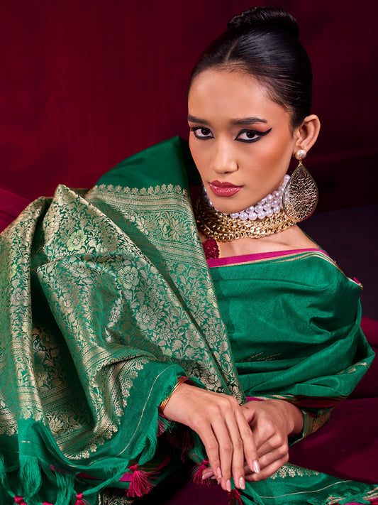 Women's Linen Teal green Woven Design Designer Saree With Blouse Piece
