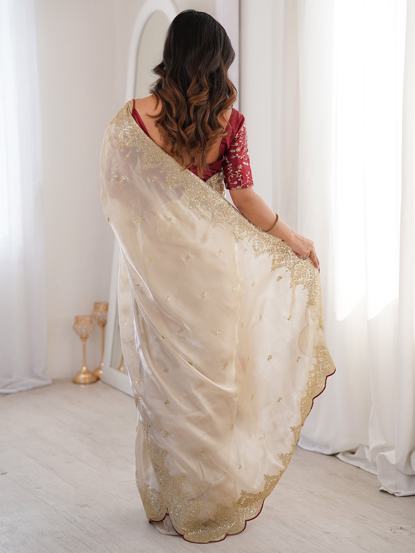 Women's Satin Cream Embellished Designer Saree With Blouse Piece