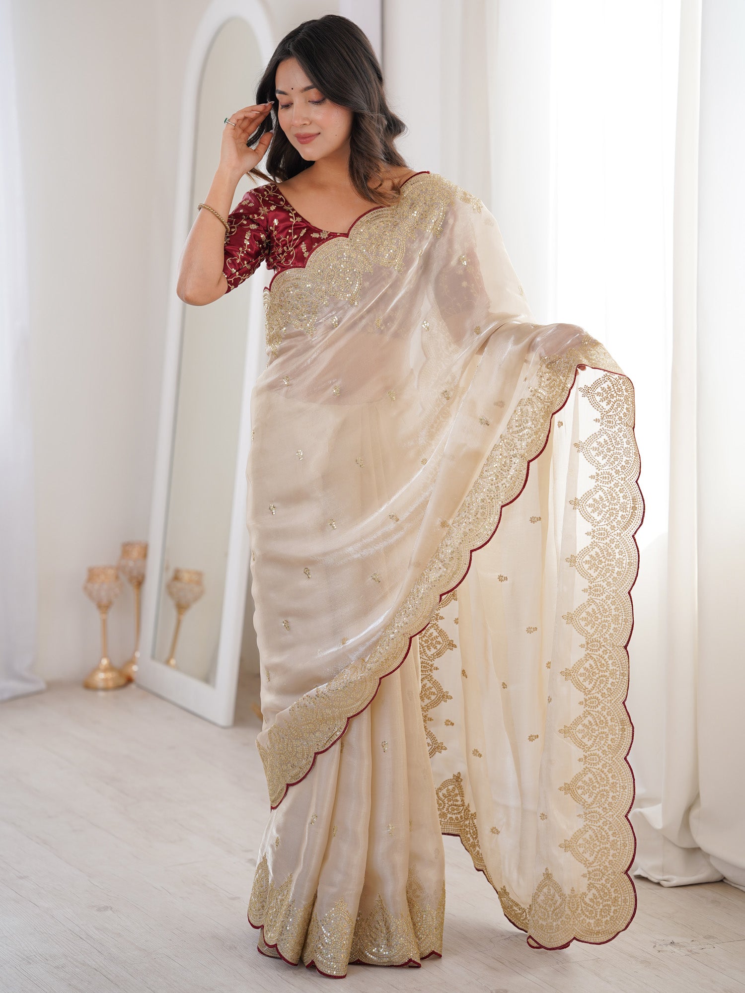 Women's Satin Cream Embellished Designer Saree With Blouse Piece