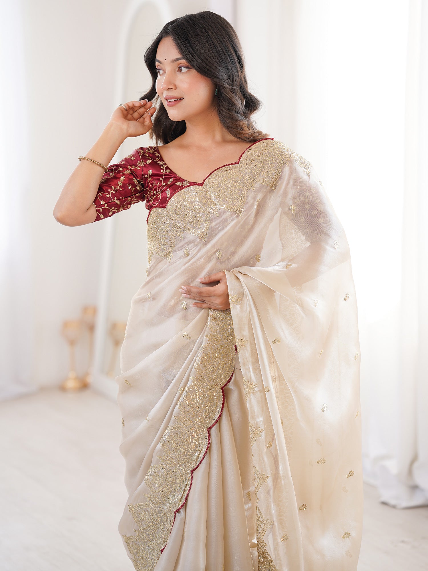 Women's Satin Cream Embellished Designer Saree With Blouse Piece