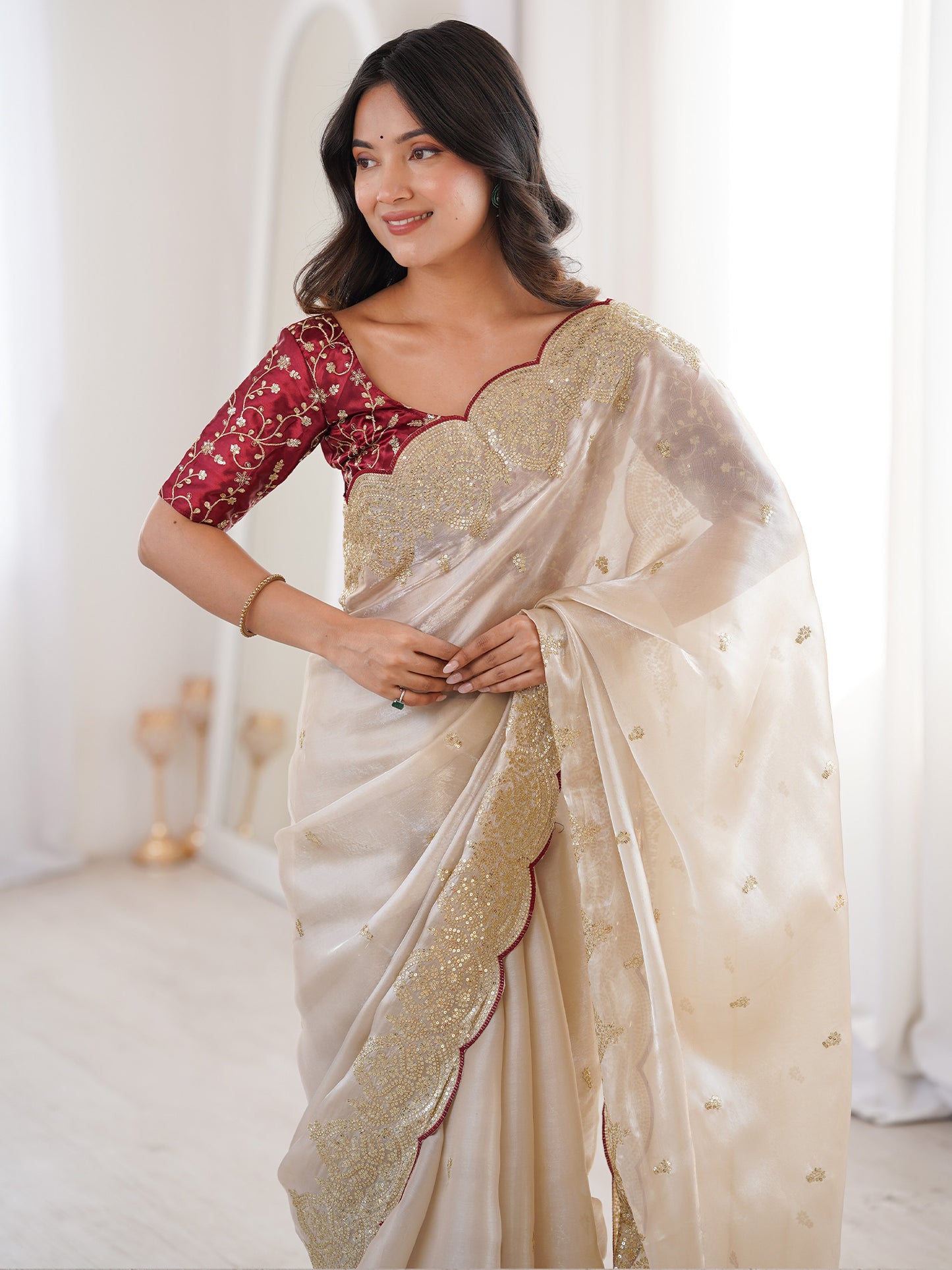 Women's Satin Cream Embellished Designer Saree With Blouse Piece