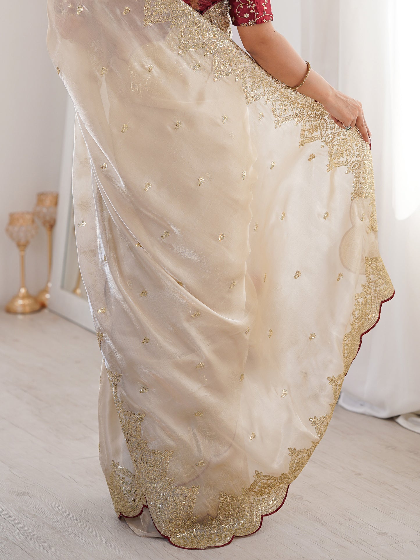 Women's Satin Cream Embellished Designer Saree With Blouse Piece