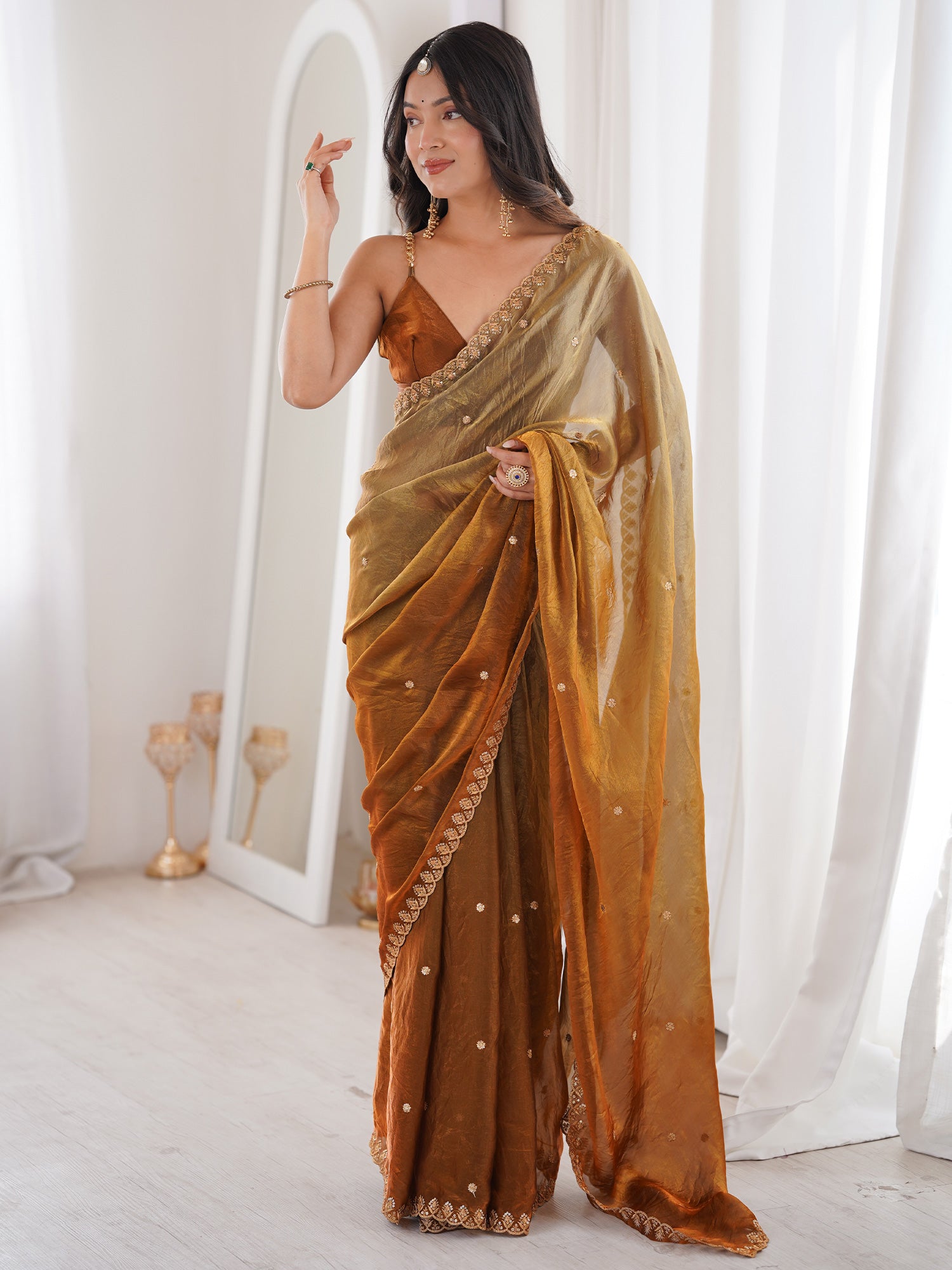 Women's Satin Mustard Embellished Designer Saree With Blouse Piece