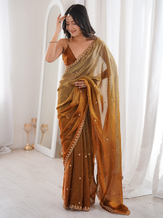 Women's Satin Mustard Embellished Designer Saree With Blouse Piece