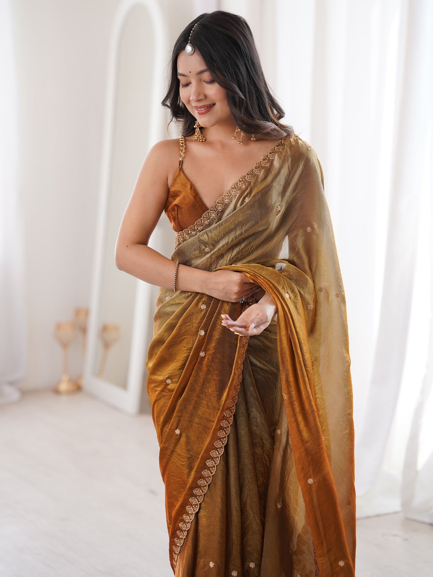 Women's Satin Mustard Embellished Designer Saree With Blouse Piece