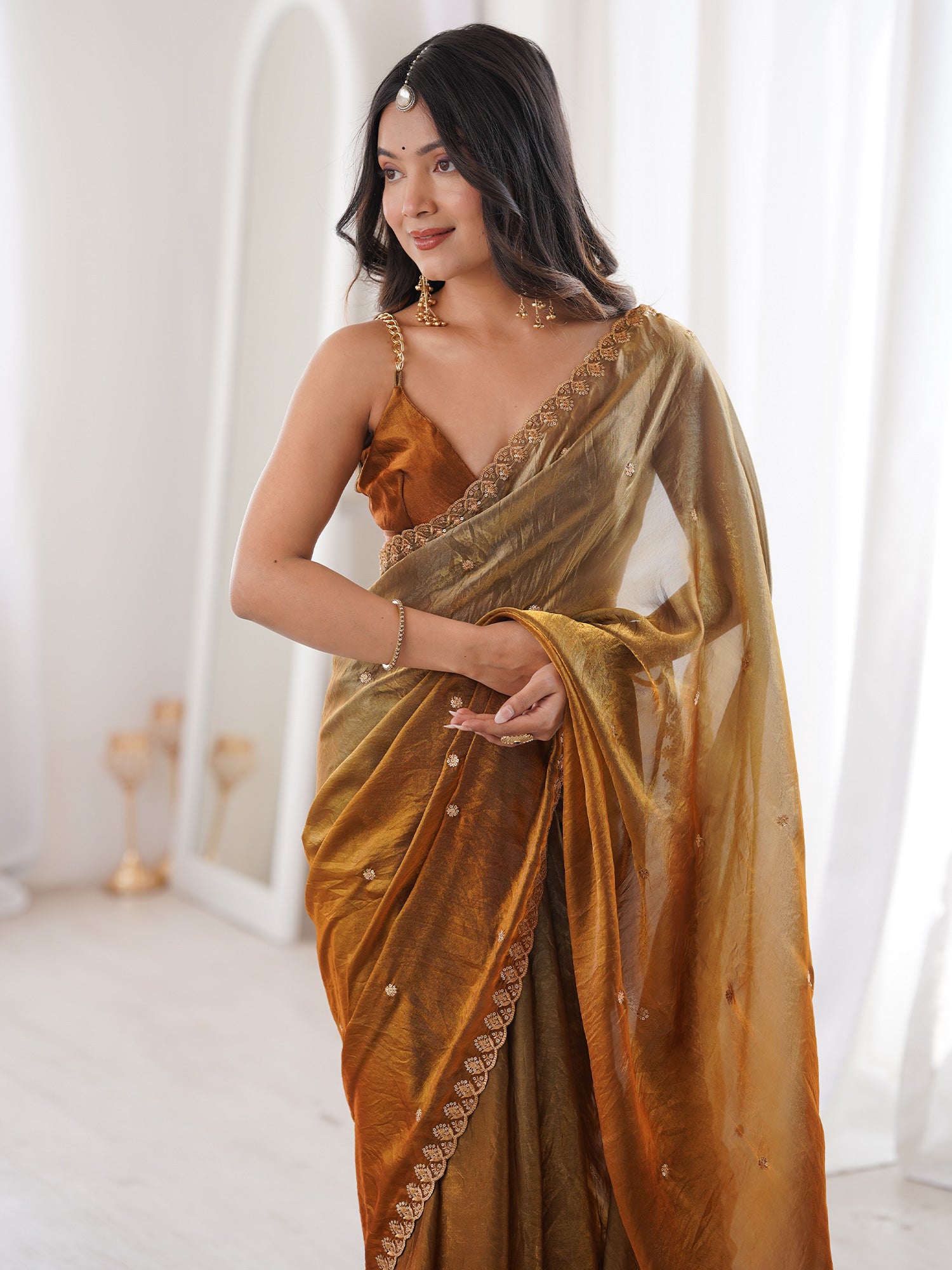 Women's Satin Mustard Embellished Designer Saree With Blouse Piece