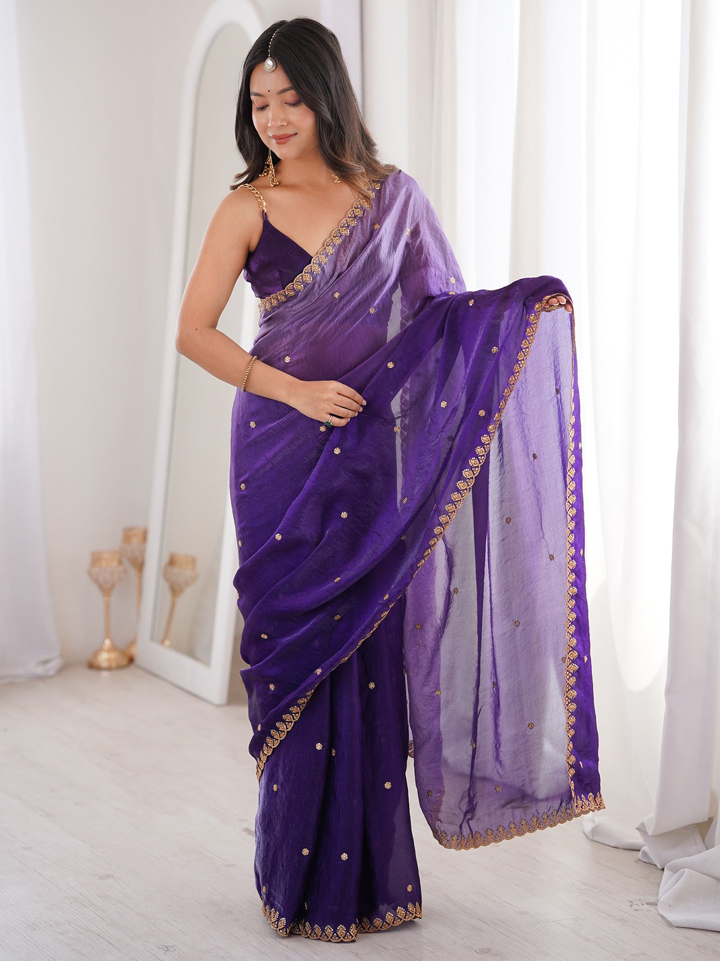 Women's Satin Purple Embellished Designer Saree With Blouse Piece