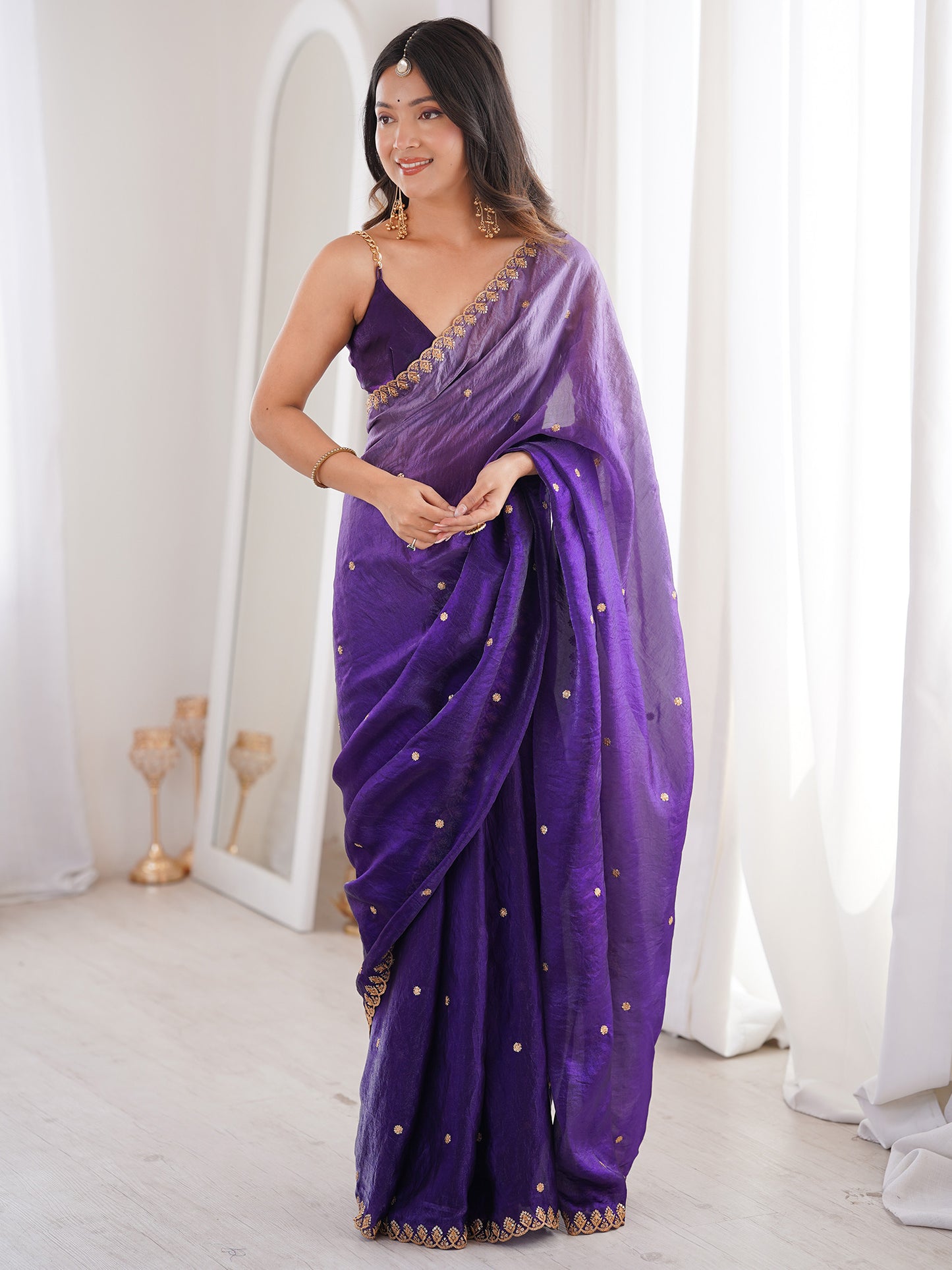 Women's Satin Purple Embellished Designer Saree With Blouse Piece