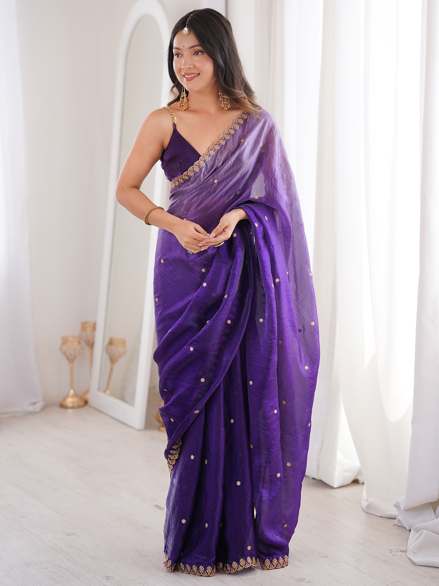 Women's Satin Purple Embellished Designer Saree With Blouse Piece