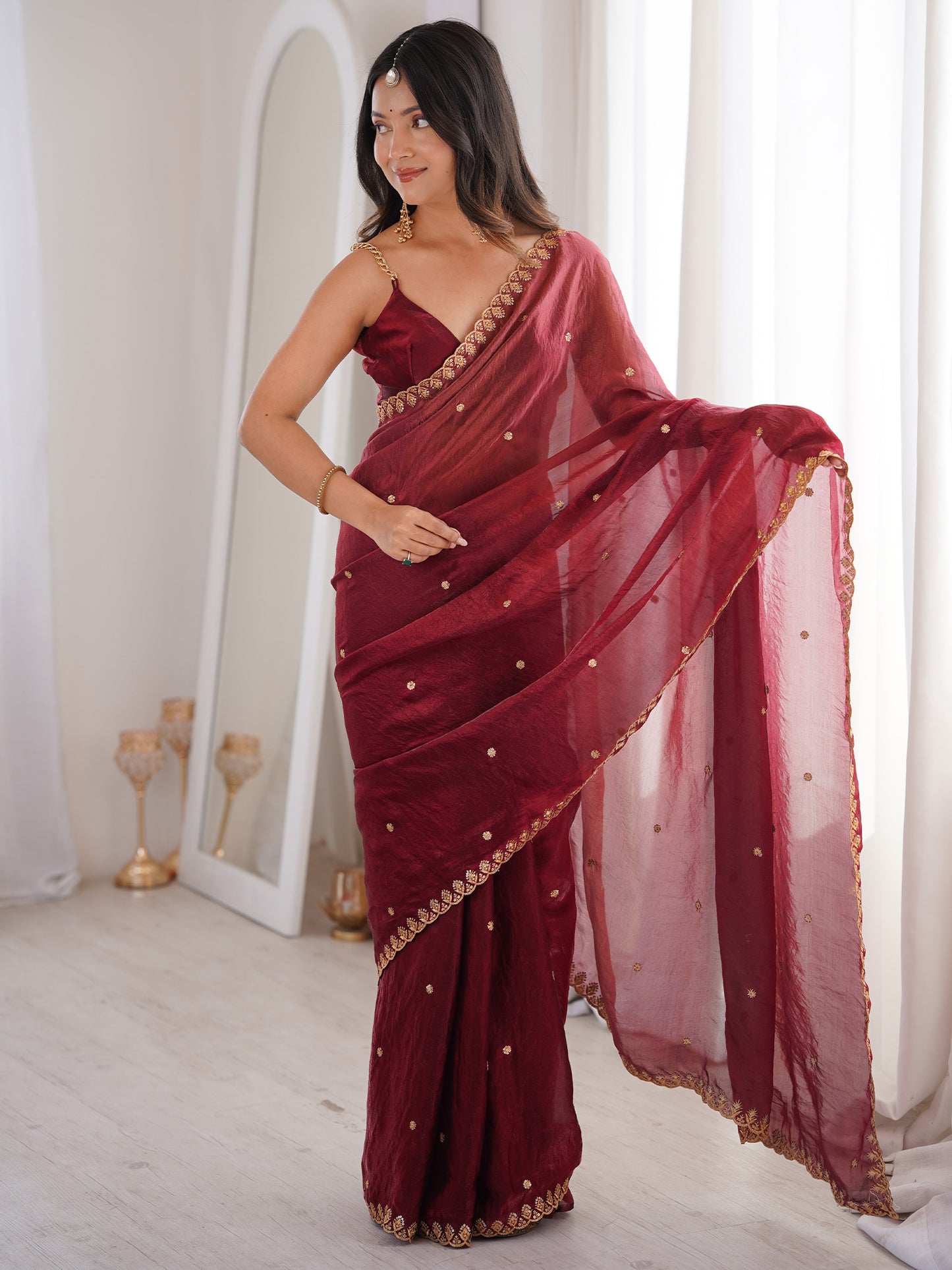 Women's Satin Burgundy Embellished Designer Saree With Blouse Piece
