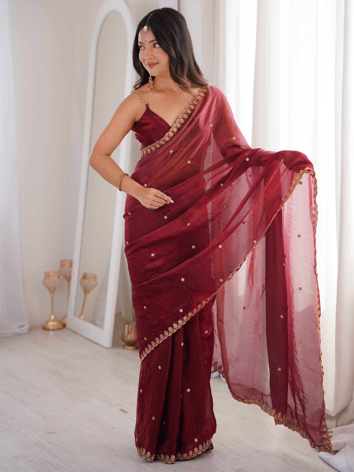 Women's Satin Burgundy Embellished Designer Saree With Blouse Piece