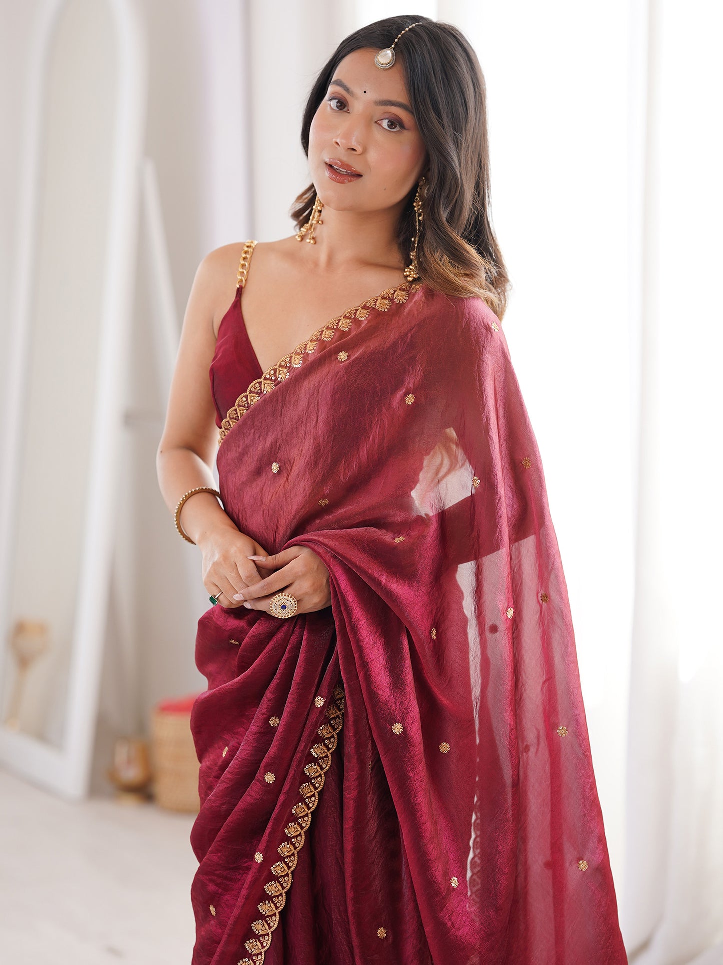 Women's Satin Burgundy Embellished Designer Saree With Blouse Piece
