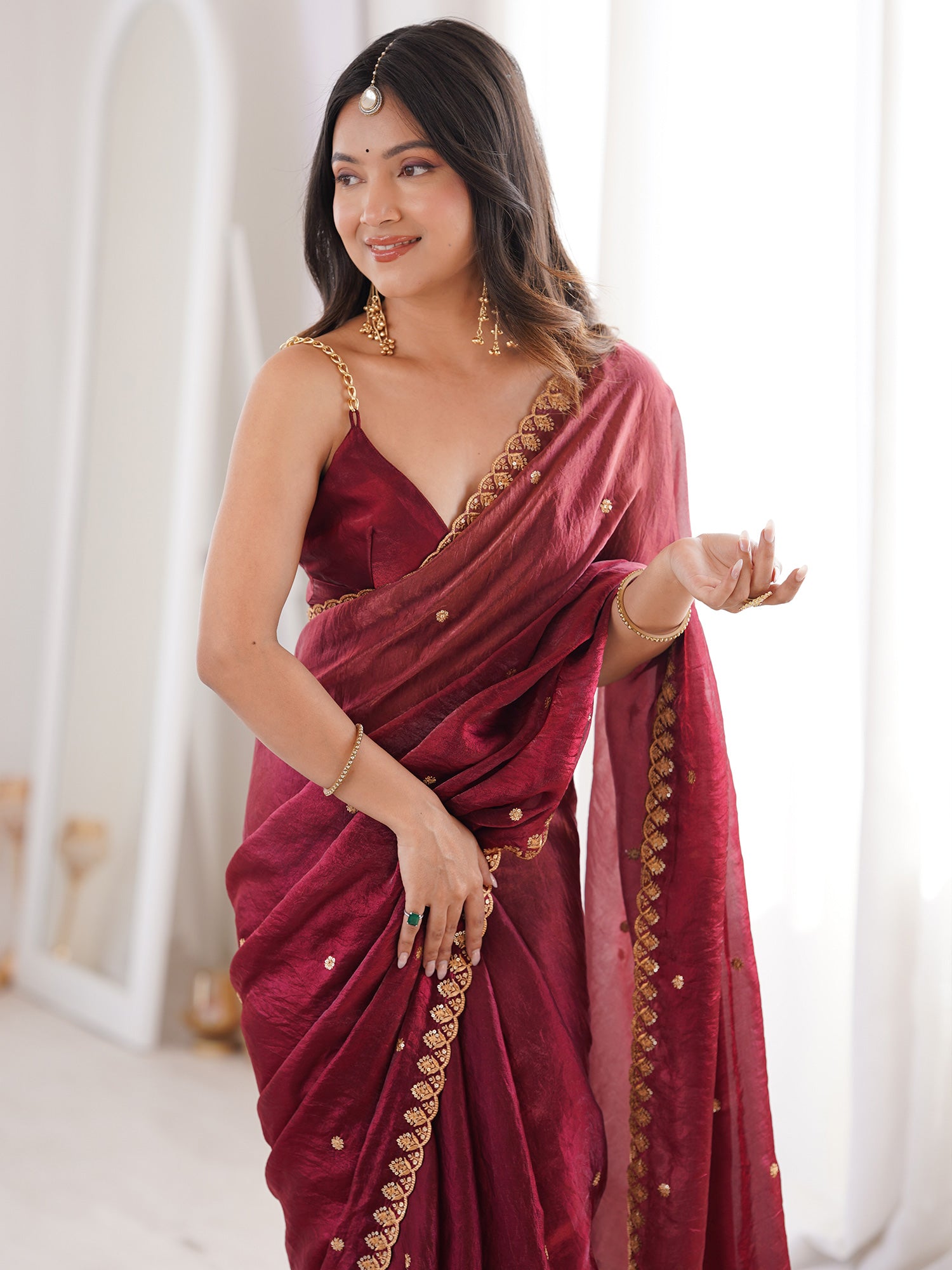 Women's Satin Burgundy Embellished Designer Saree With Blouse Piece