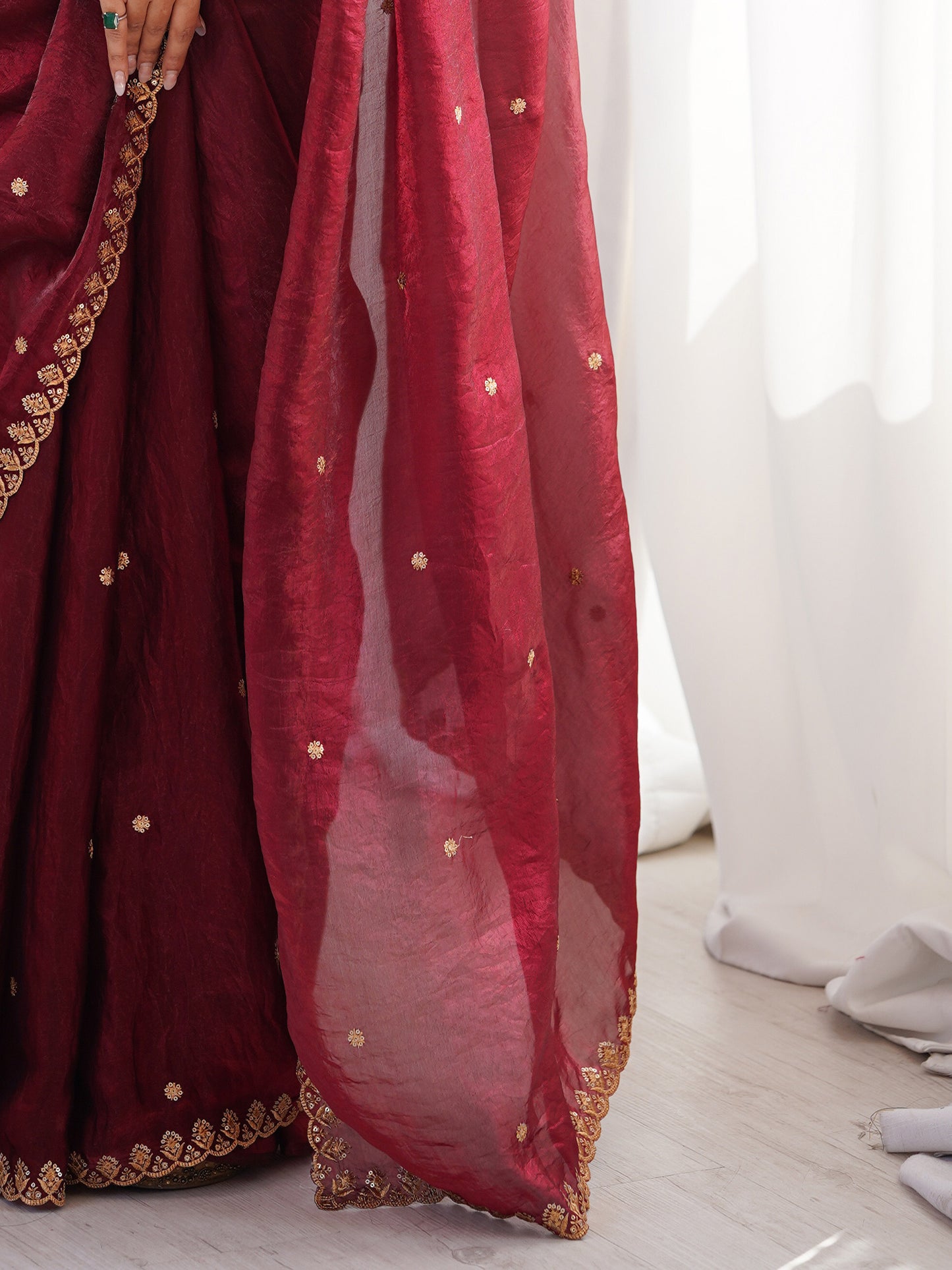 Women's Satin Burgundy Embellished Designer Saree With Blouse Piece
