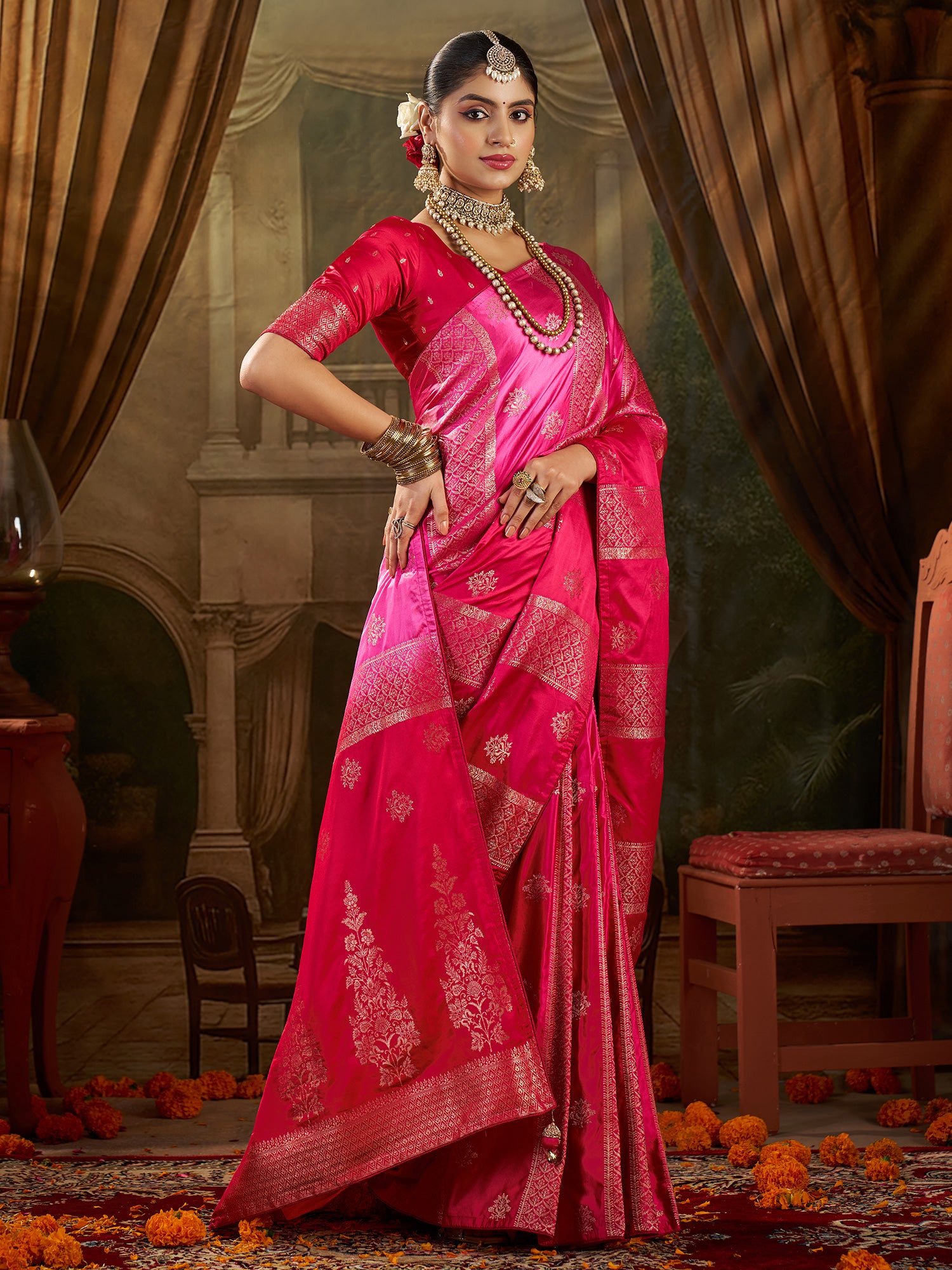 Women's Satin Silk Pink Woven Design Designer Saree With Blouse Piece