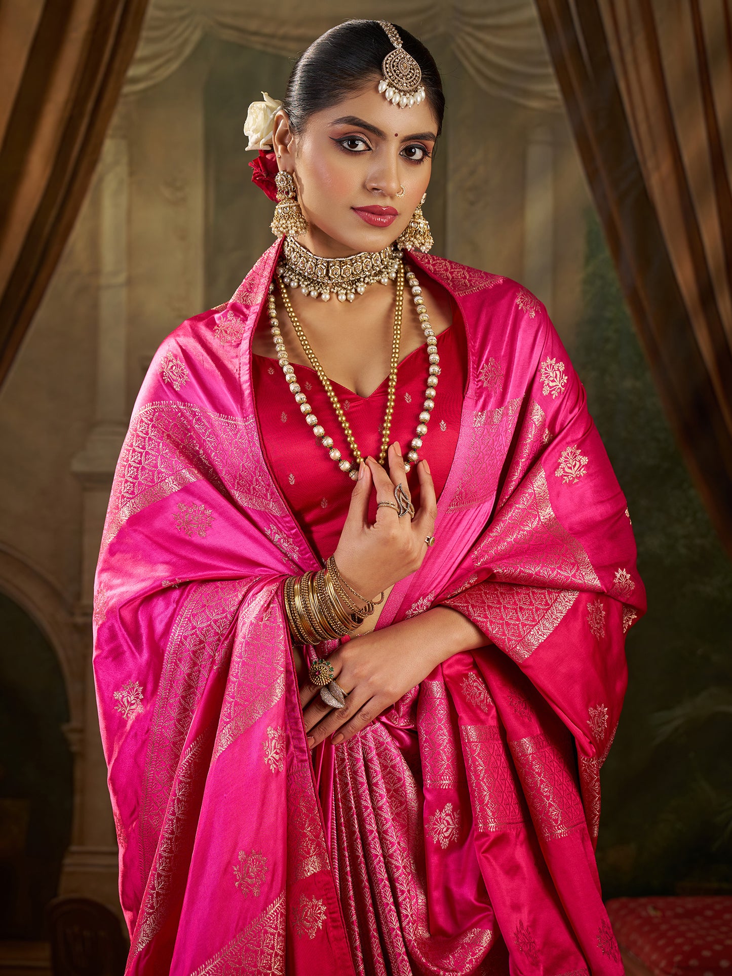 Women's Satin Silk Pink Woven Design Designer Saree With Blouse Piece