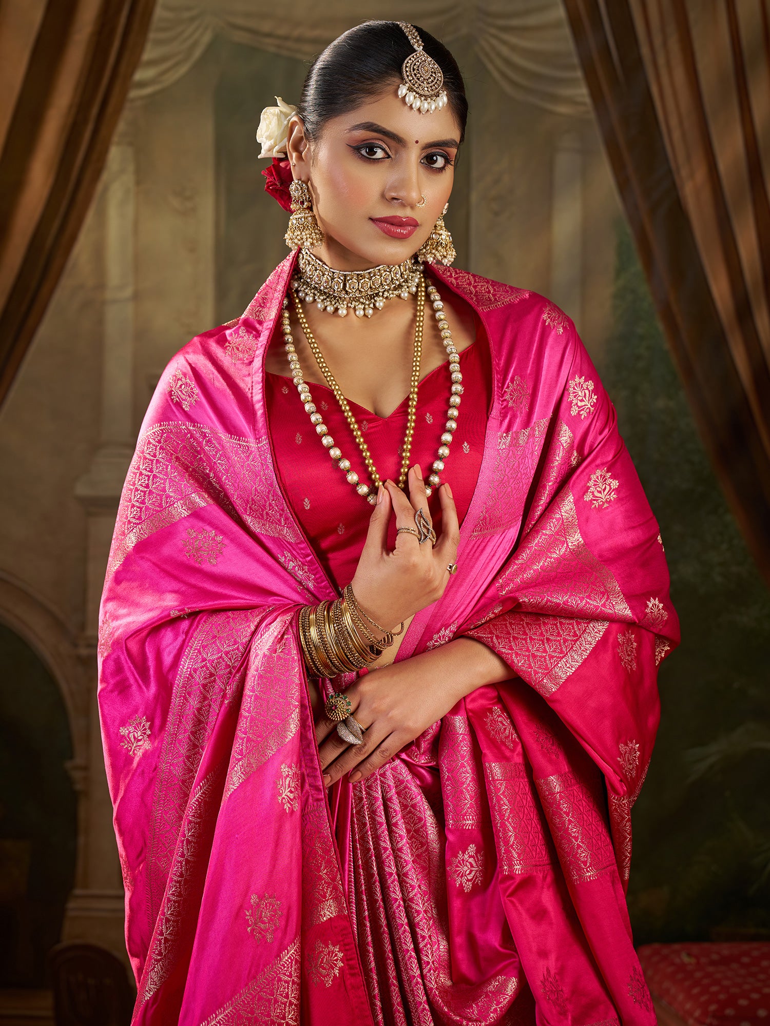 Women's Satin Silk Pink Woven Design Designer Saree With Blouse Piece