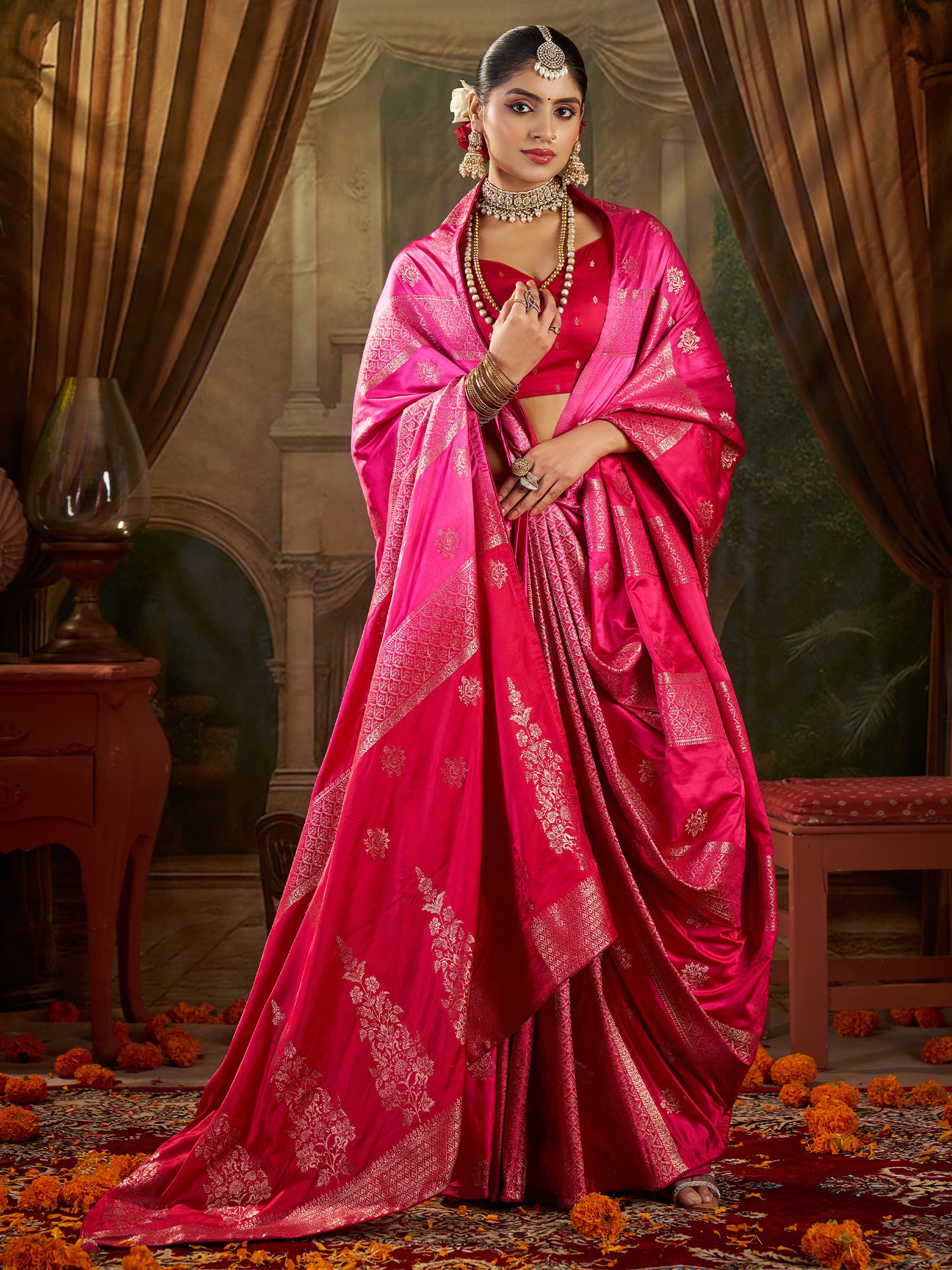 Women's Satin Silk Pink Woven Design Designer Saree With Blouse Piece